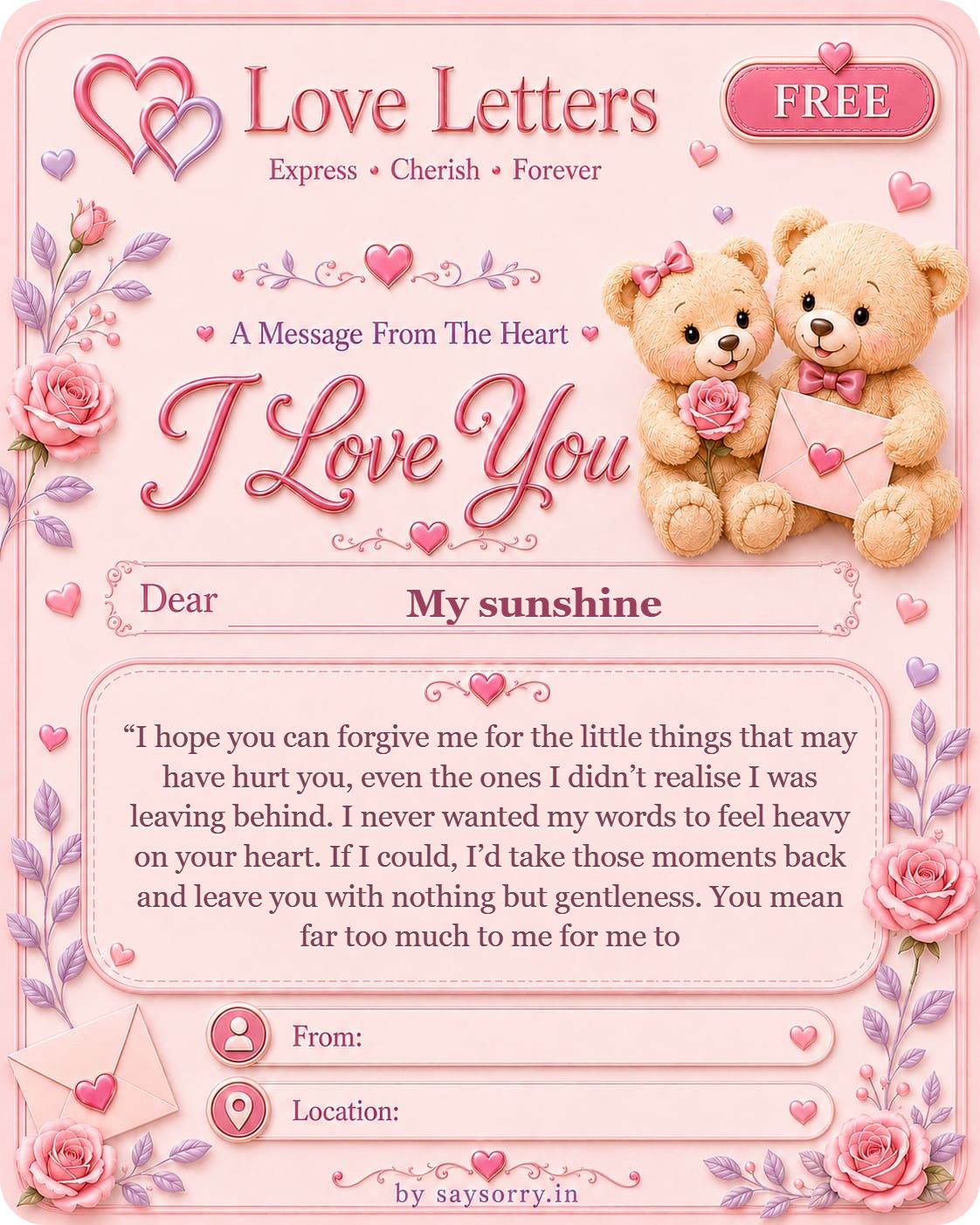 Free personalised Love Letter card for My sunshine featuring a soft pink design with teddy bears, roses and heart details and a heartfelt love message