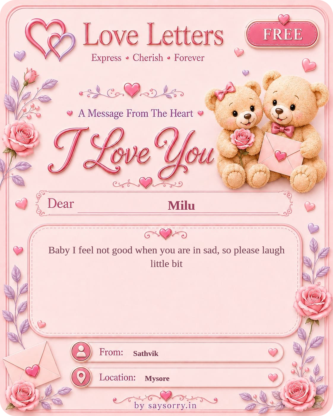 Free personalised Love Letter card for Milu featuring a soft pink design with teddy bears, roses and heart details and a heartfelt love message
