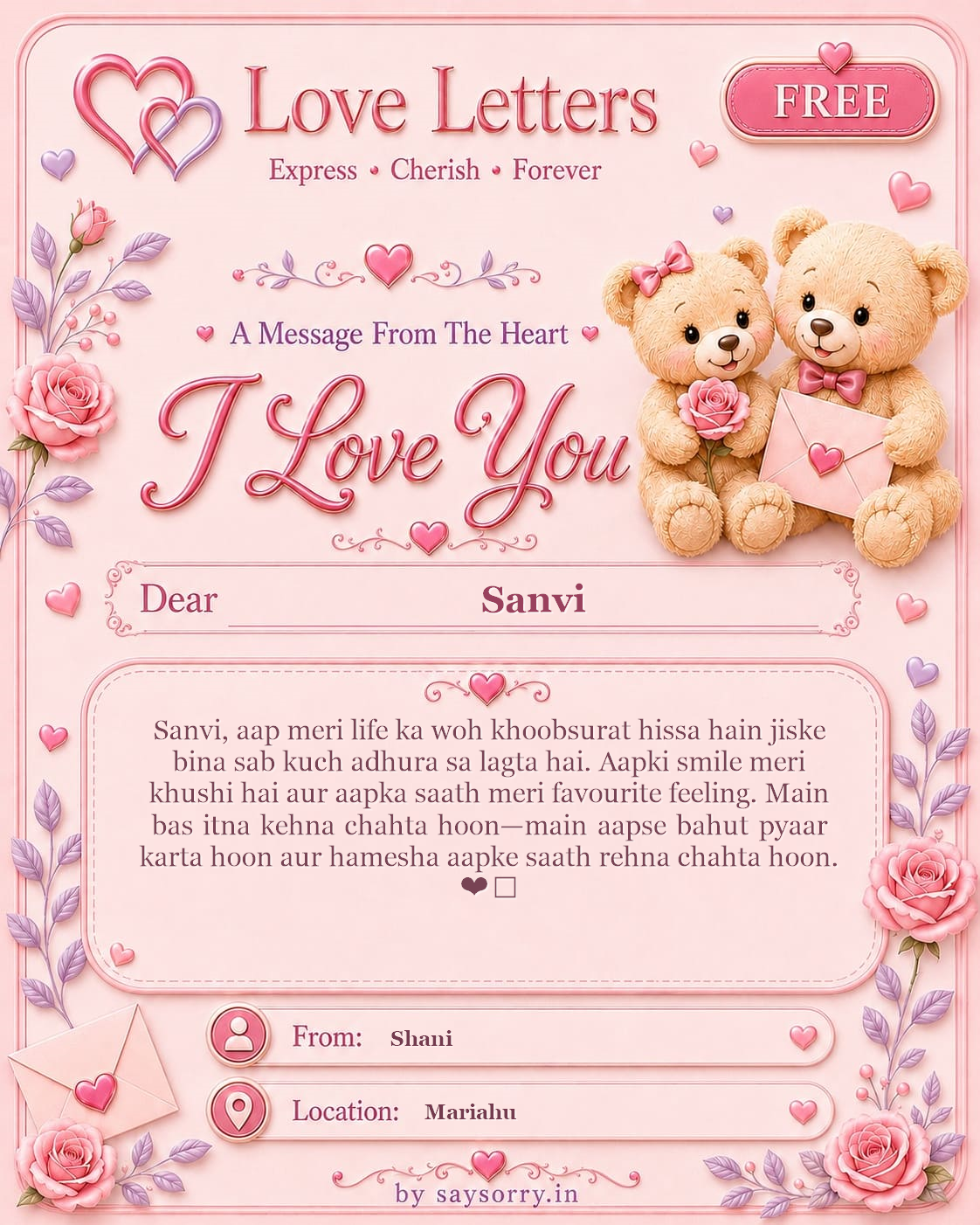 Free personalised Love Letter card for Sanvi featuring a soft pink design with teddy bears, roses and heart details and a heartfelt love message