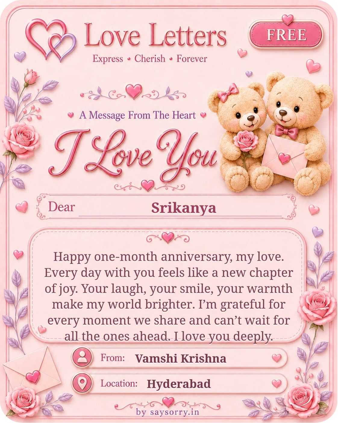 Free personalised Love Letter card for Srikanya featuring a soft pink design with teddy bears, roses and heart details and a heartfelt love message