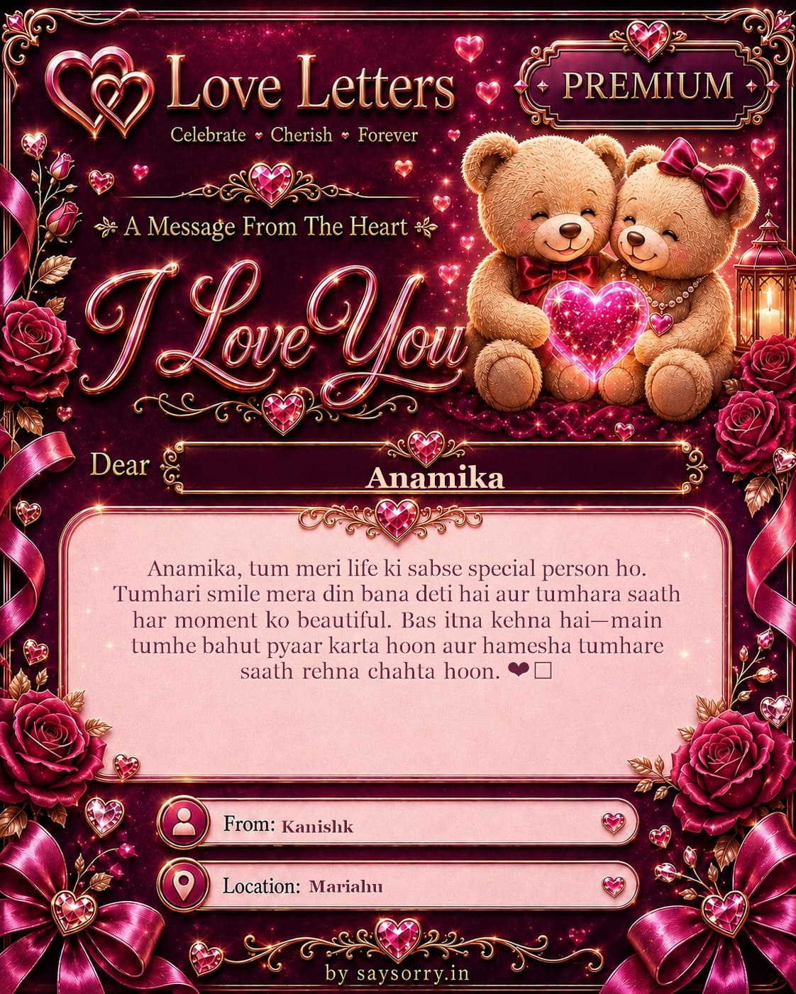 Premium personalised Love Letter card for Anamika featuring a deep burgundy design, teddy bears, roses and glowing heart details and a heartfelt love message