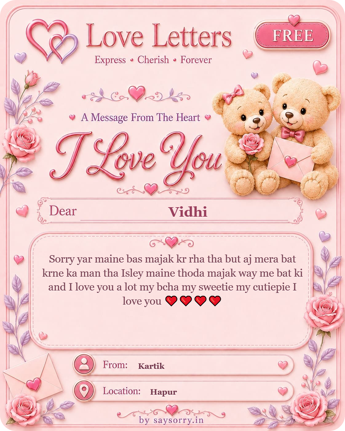 Free personalised Love Letter card for Vidhi featuring a soft pink design with teddy bears, roses and heart details and a heartfelt love message