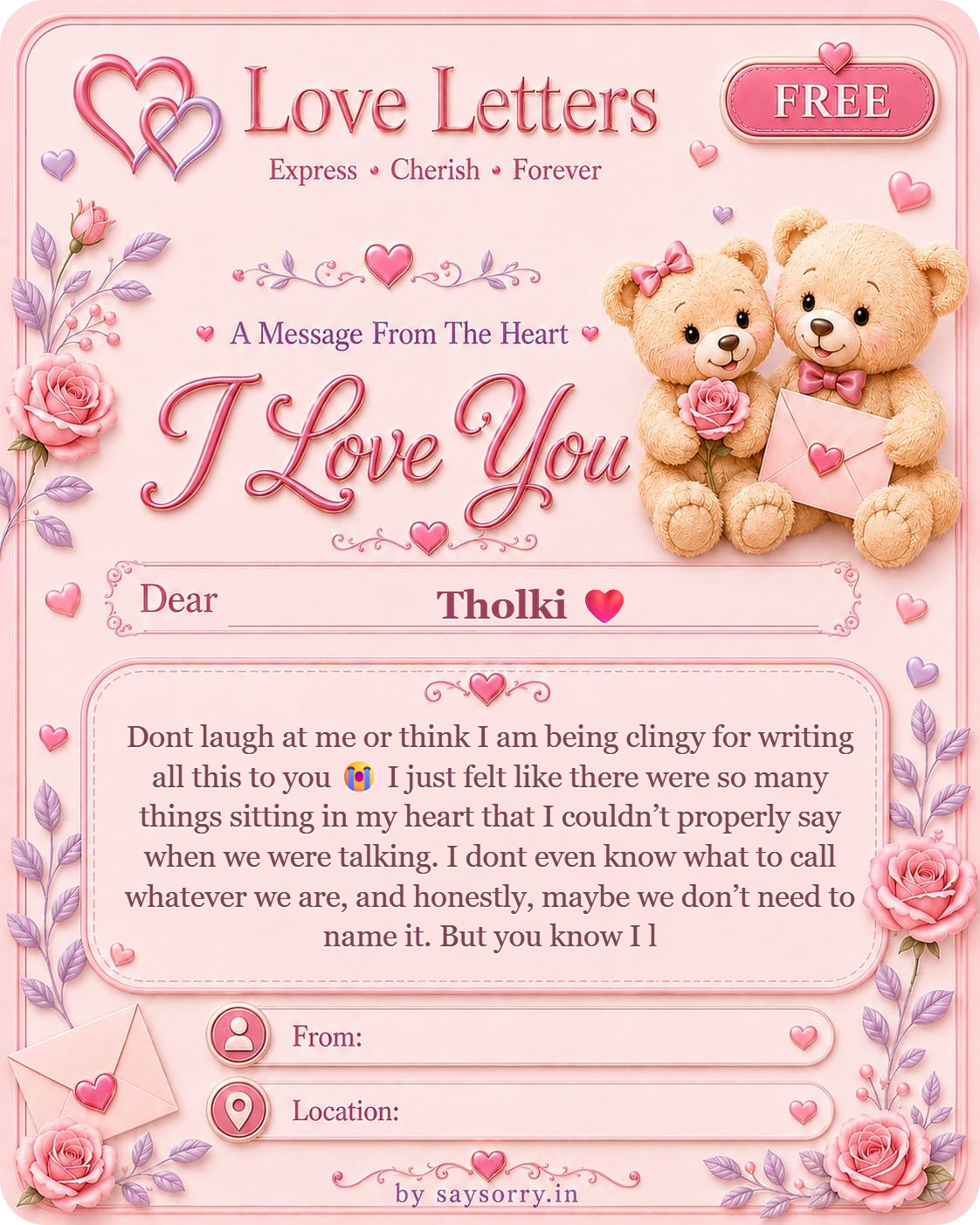 Free personalised Love Letter card for Tholki ❤️ featuring a soft pink design with teddy bears, roses and heart details and a heartfelt love message