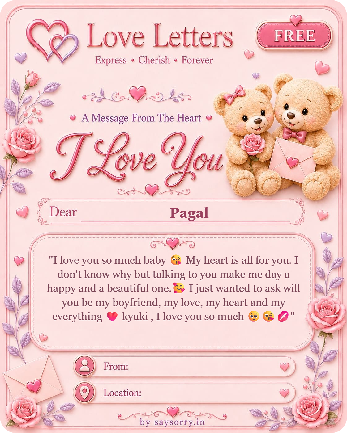 Free personalised Love Letter card for Pagal featuring a soft pink design with teddy bears, roses and heart details and a heartfelt love message