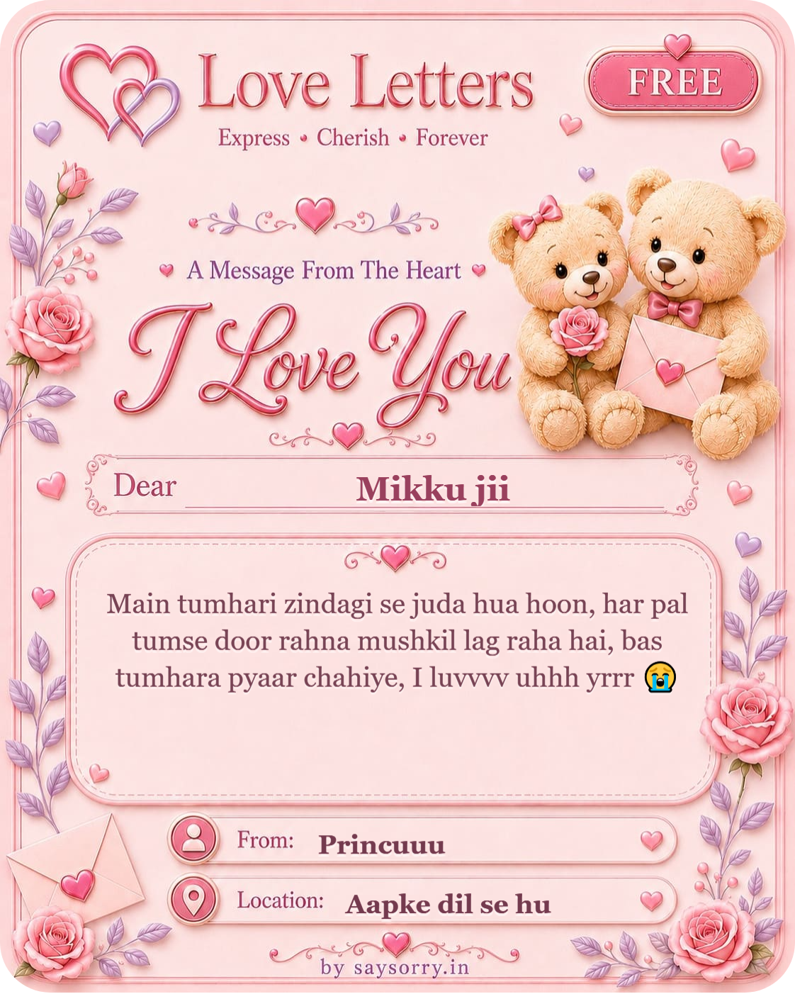 Free personalised Love Letter card for Mikku jii featuring a soft pink design with teddy bears, roses and heart details and a heartfelt love message