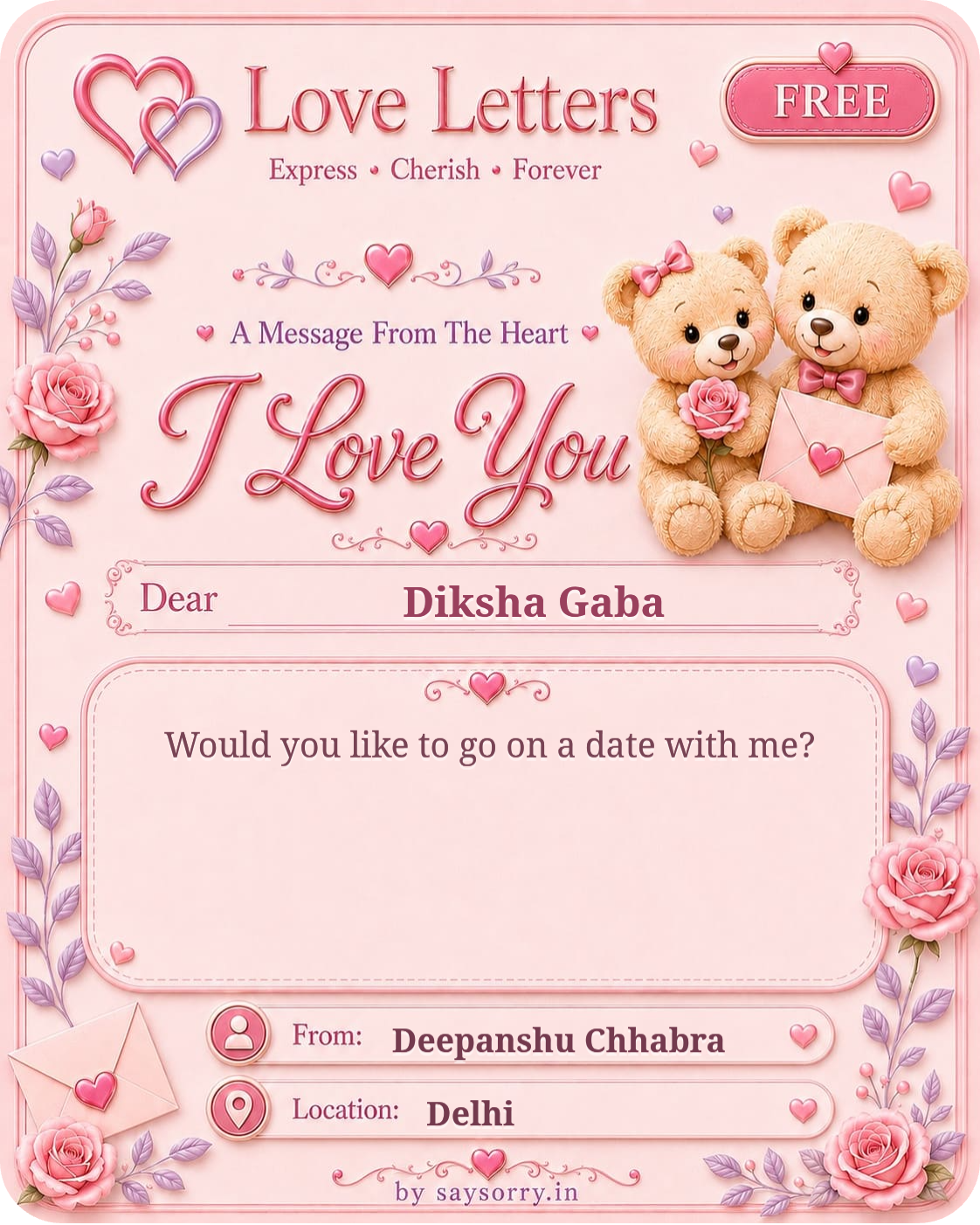 Free personalised Love Letter card for Diksha Gaba featuring a soft pink design with teddy bears, roses and heart details and a heartfelt love message