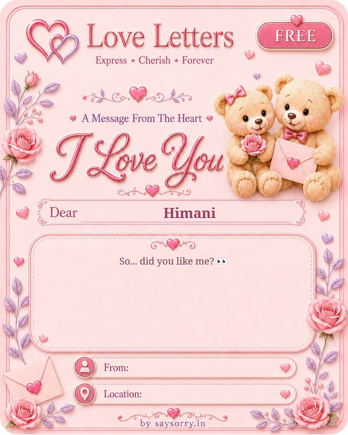 Free personalised Love Letter card for Himani featuring a soft pink design with teddy bears, roses and heart details and a heartfelt love message