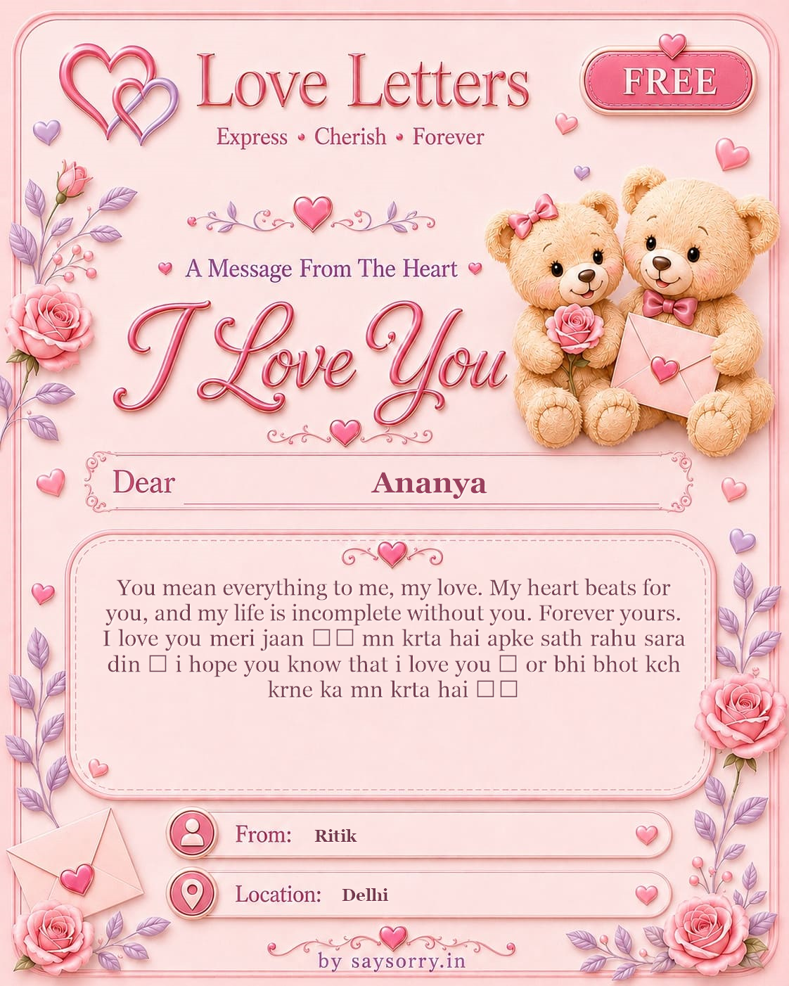 Free personalised Love Letter card for Ananya featuring a soft pink design with teddy bears, roses and heart details and a heartfelt love message