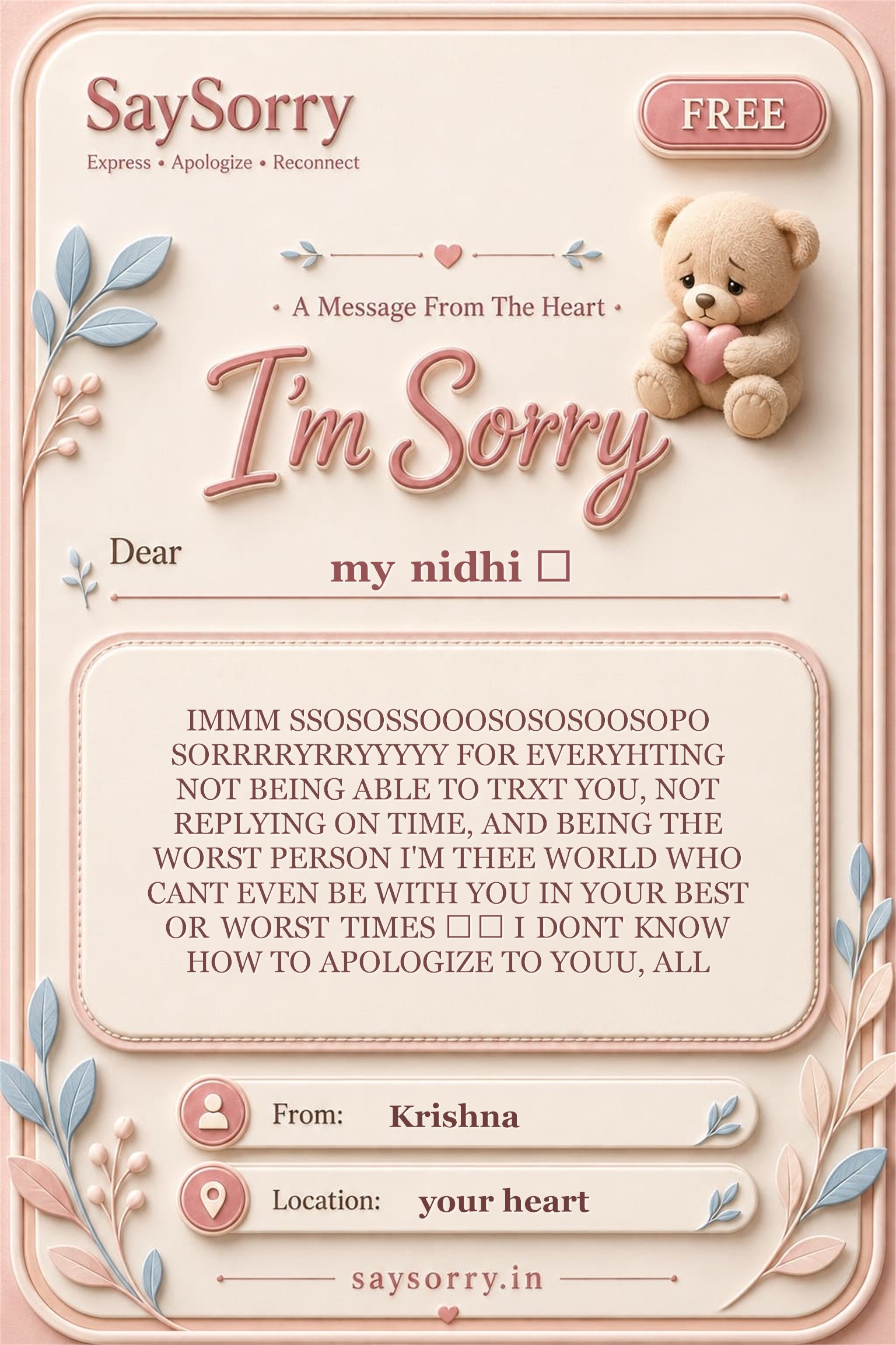 Free personalised sorry card image for my nidhi 💘 with a heartfelt apology message
