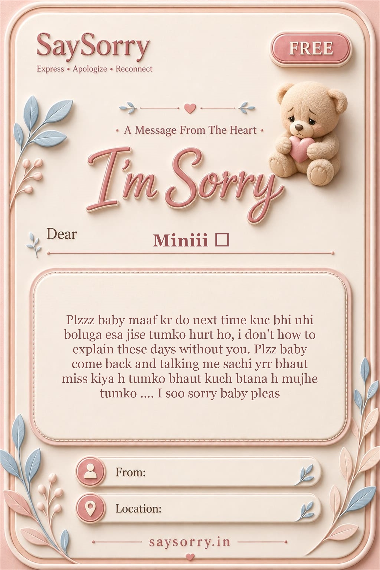 Free personalised sorry card image for Miniii 💗 with a heartfelt apology message