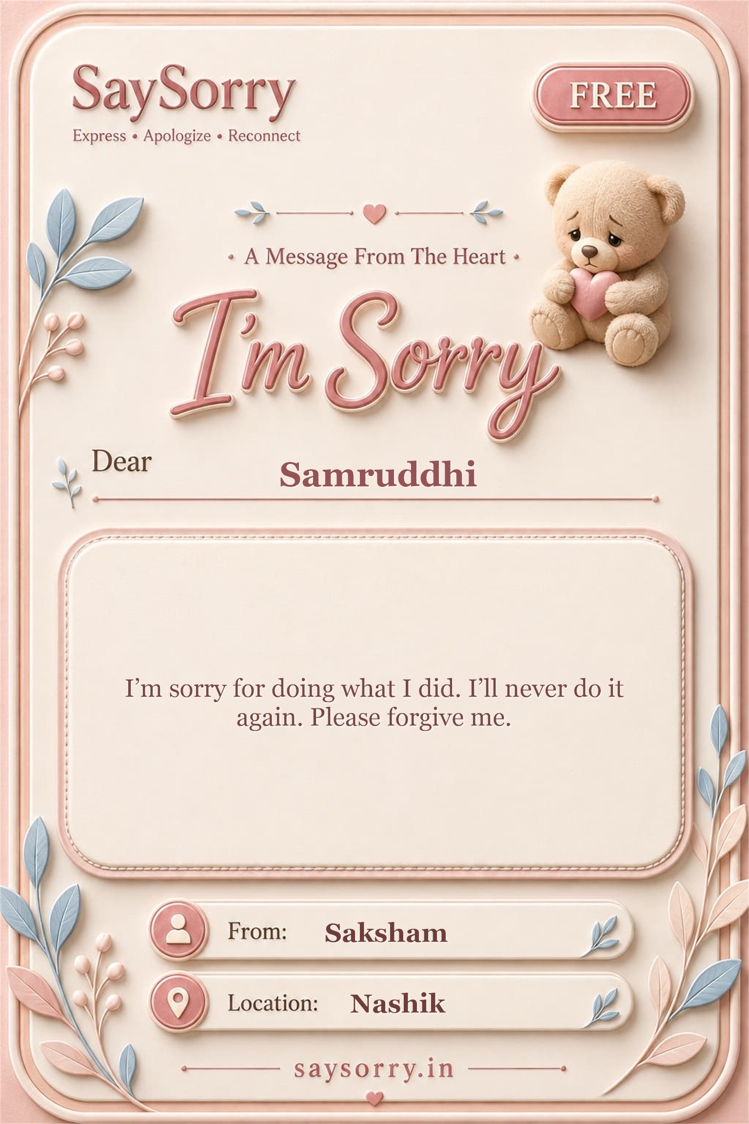 Free personalised sorry card image for Samruddhi with a heartfelt apology message