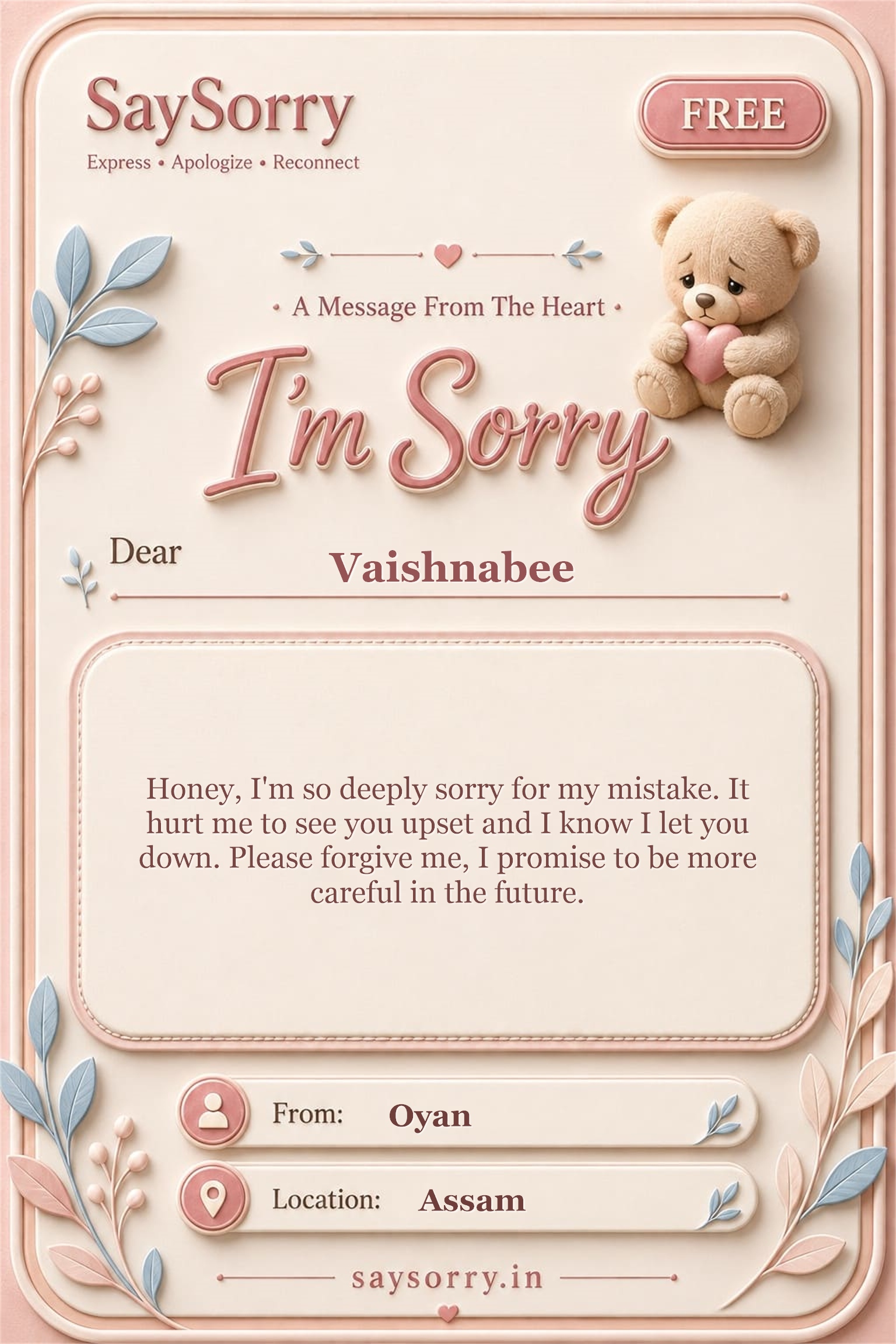Free personalised sorry card image for Vaishnabee with a heartfelt apology message