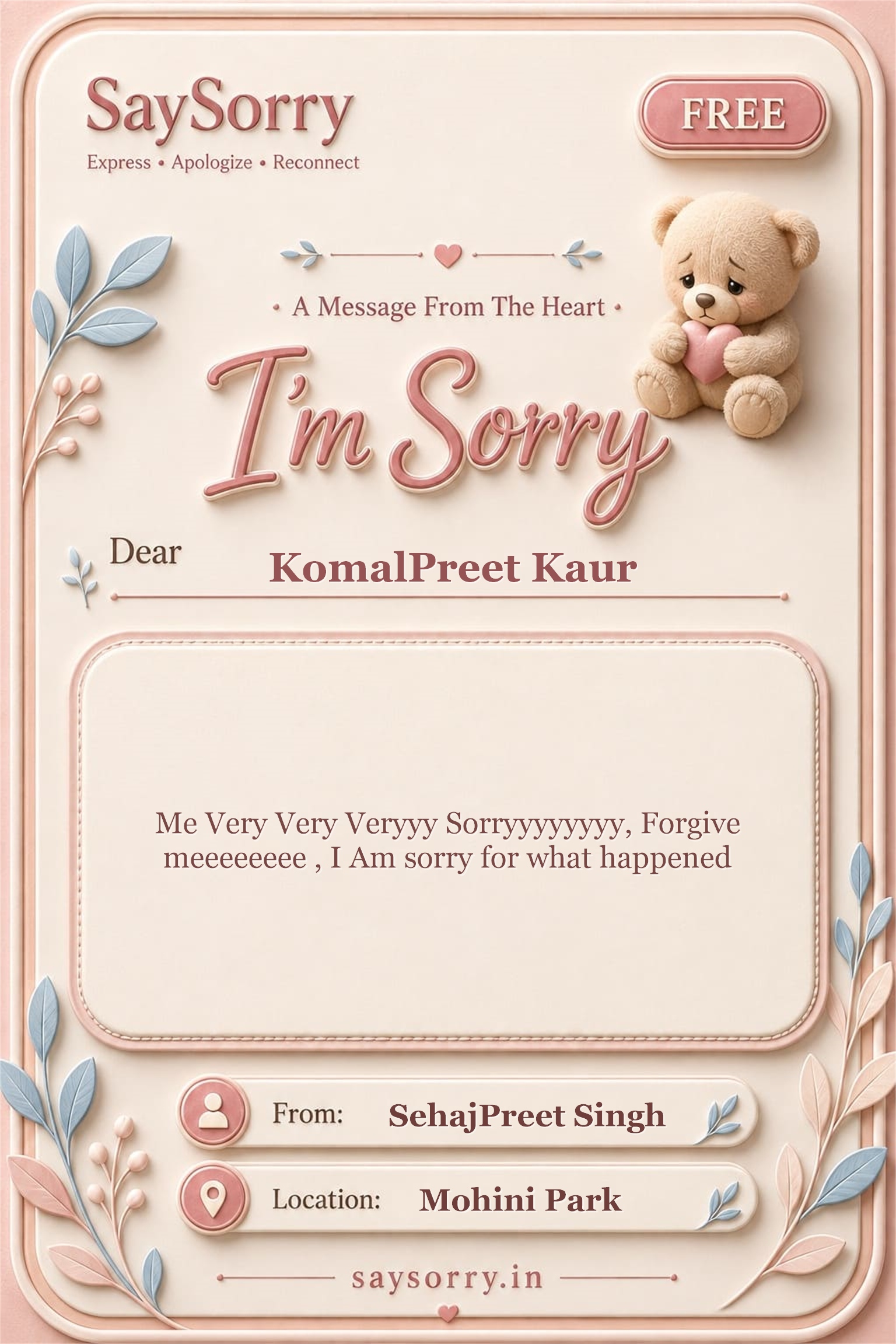 Free personalised sorry card image for KomalPreet Kaur with a heartfelt apology message