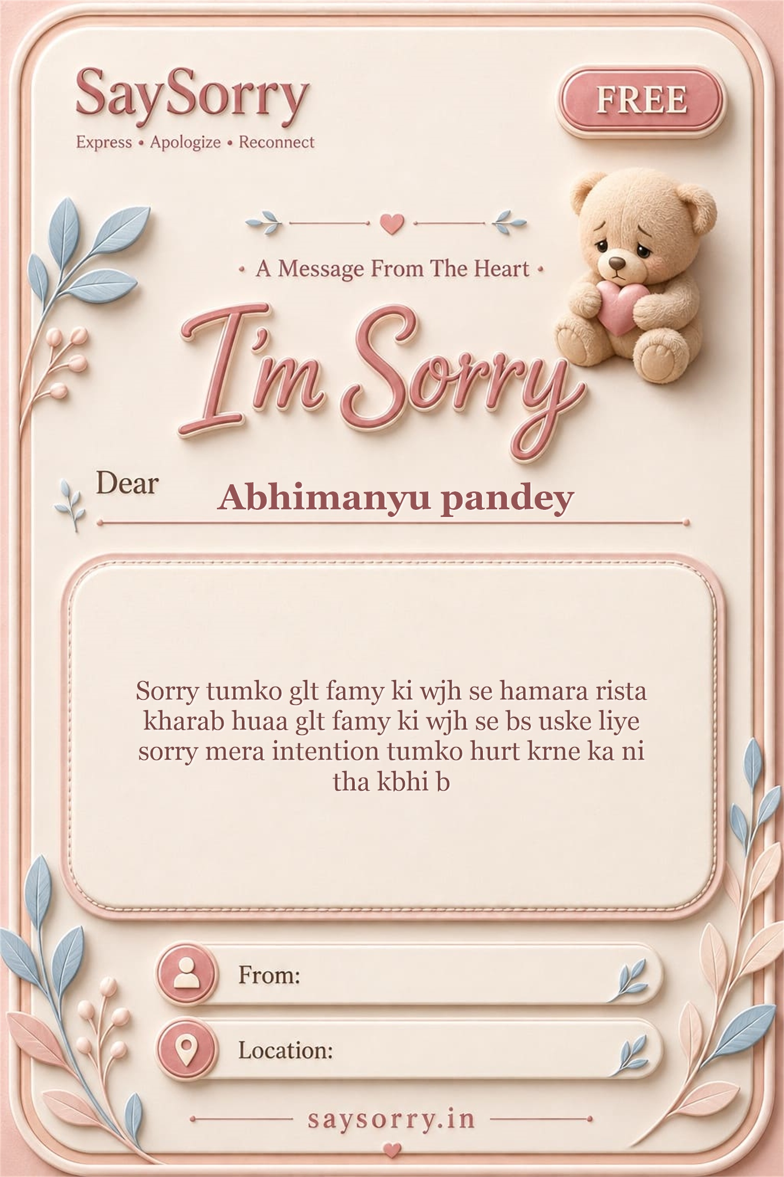 Free personalised sorry card image for Abhimanyu pandey with a heartfelt apology message