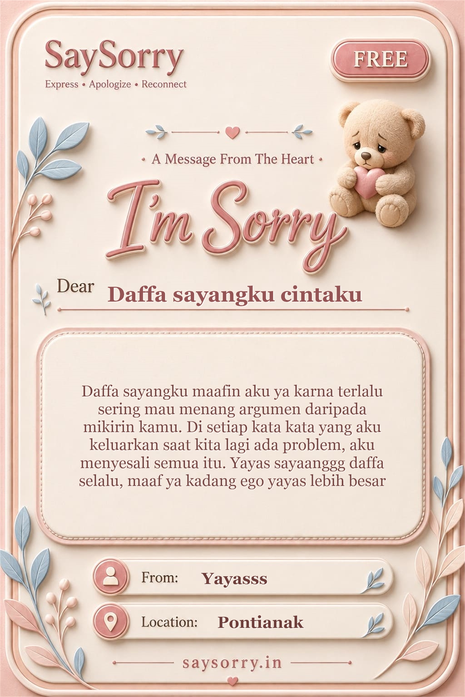 Free personalised sorry card image for Daffa sayangku cintaku with a heartfelt apology message