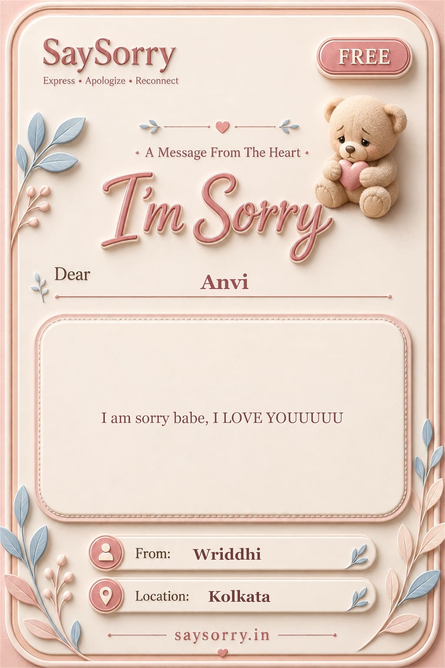 Free personalised sorry card image for Anvi with a heartfelt apology message