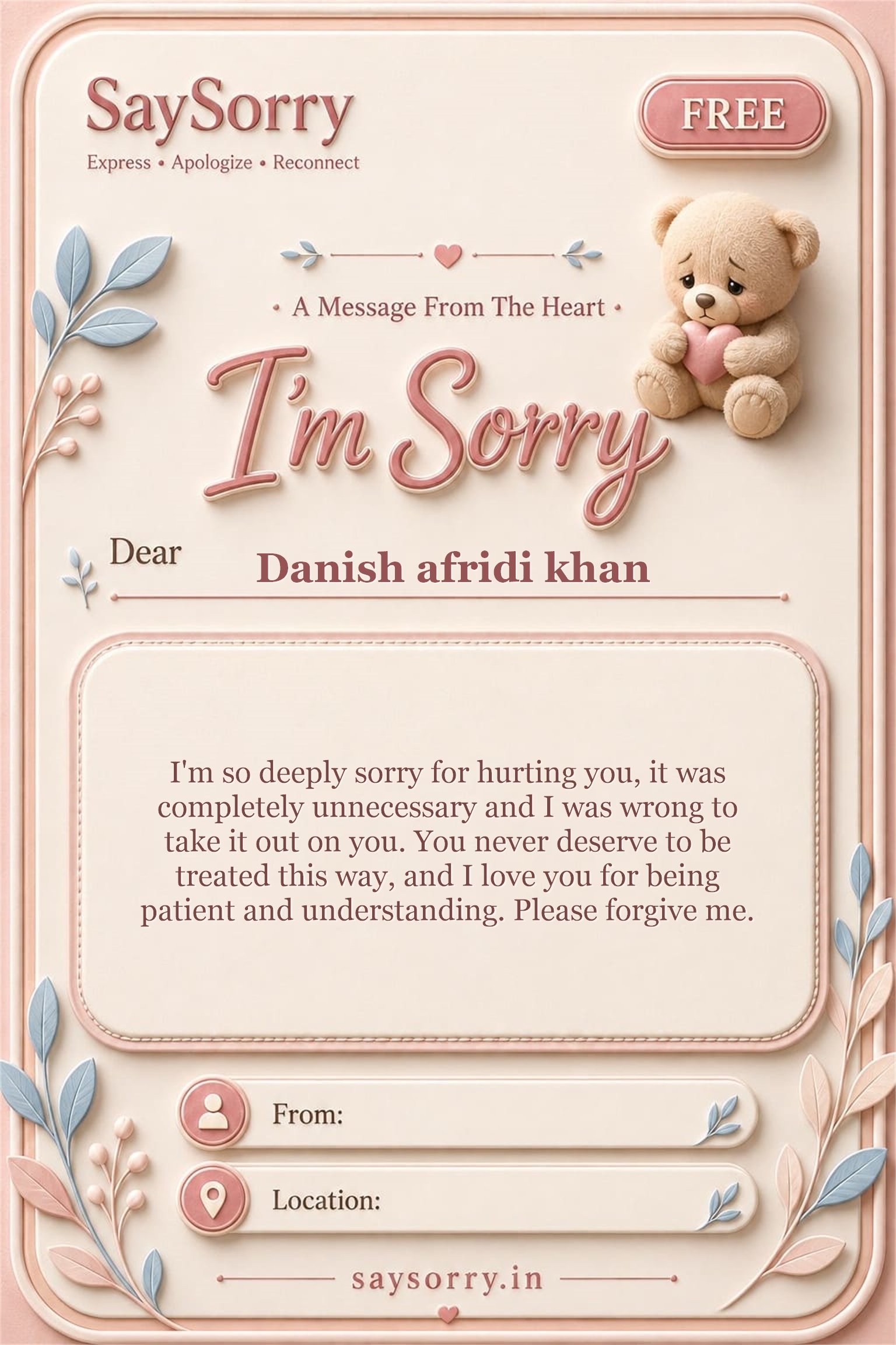 Free personalised sorry card image for Danish afridi khan with a heartfelt apology message