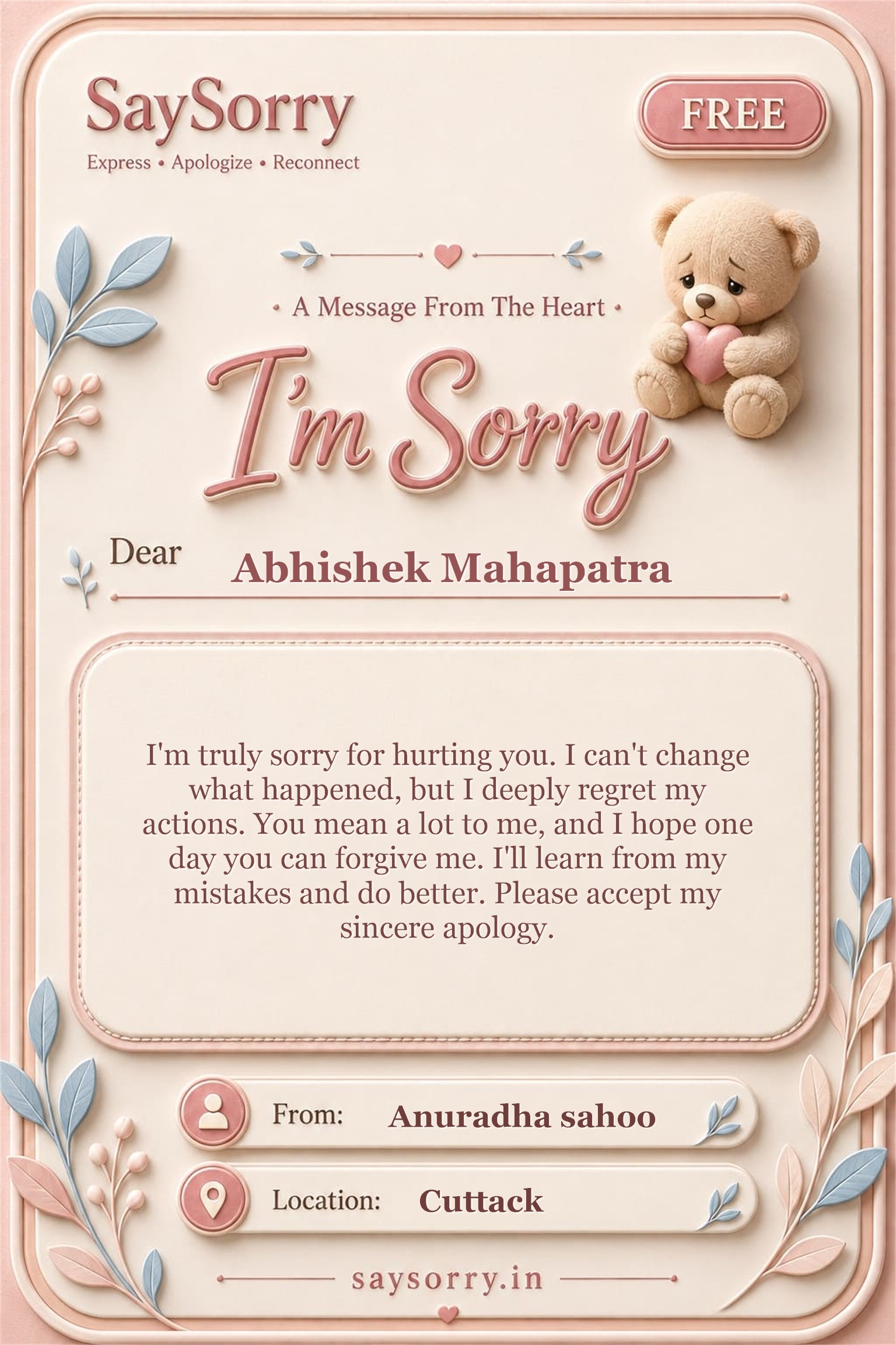 Free personalised sorry card image for Abhishek Mahapatra with a heartfelt apology message