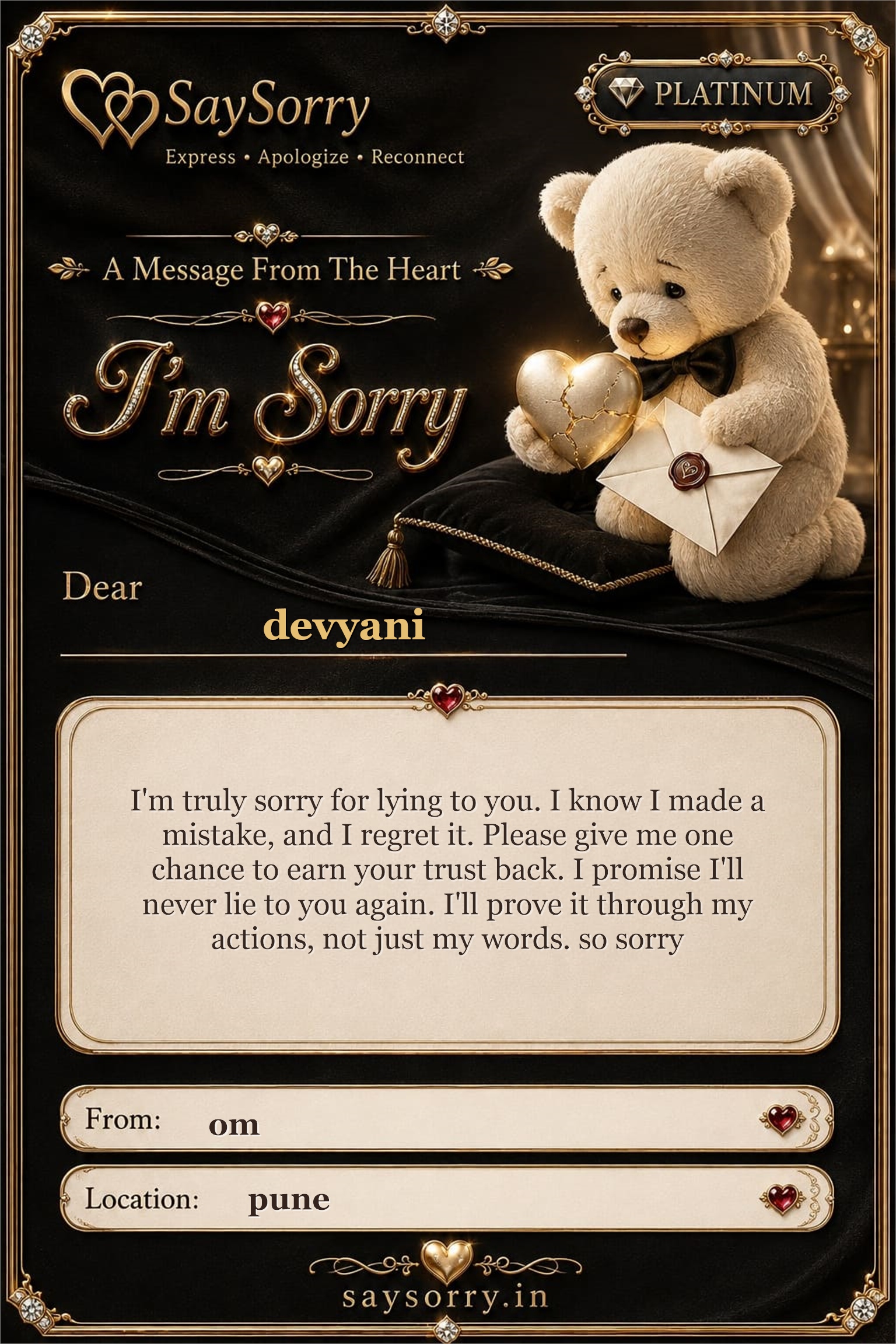 Platinum personalised sorry card image for devyani with a heartfelt apology message