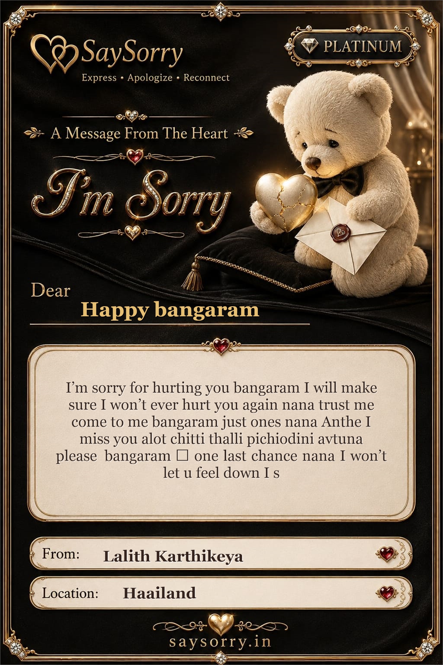 Platinum personalised sorry card image for Happy bangaram with a heartfelt apology message