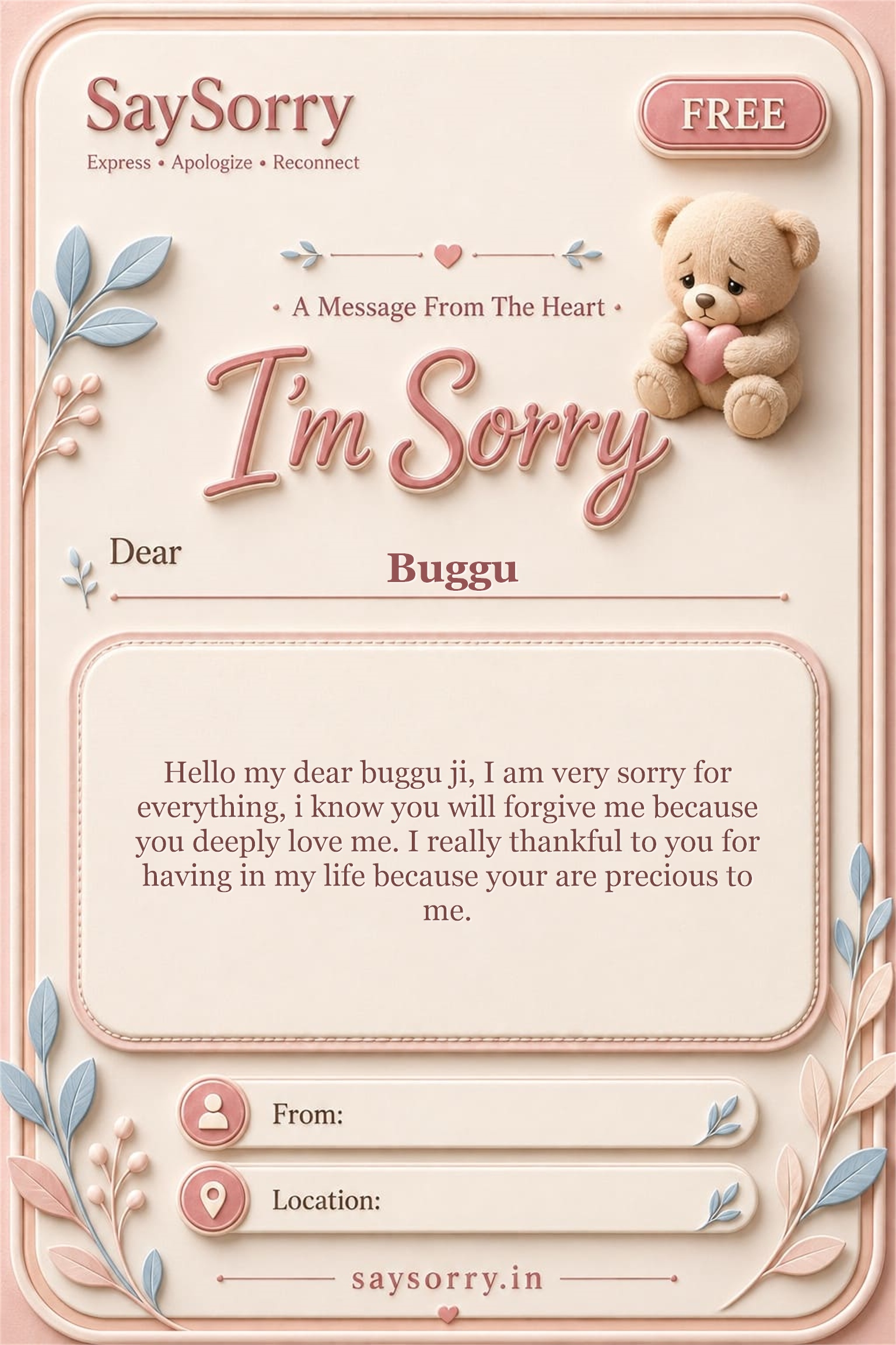 Free personalised sorry card image for Buggu with a heartfelt apology message