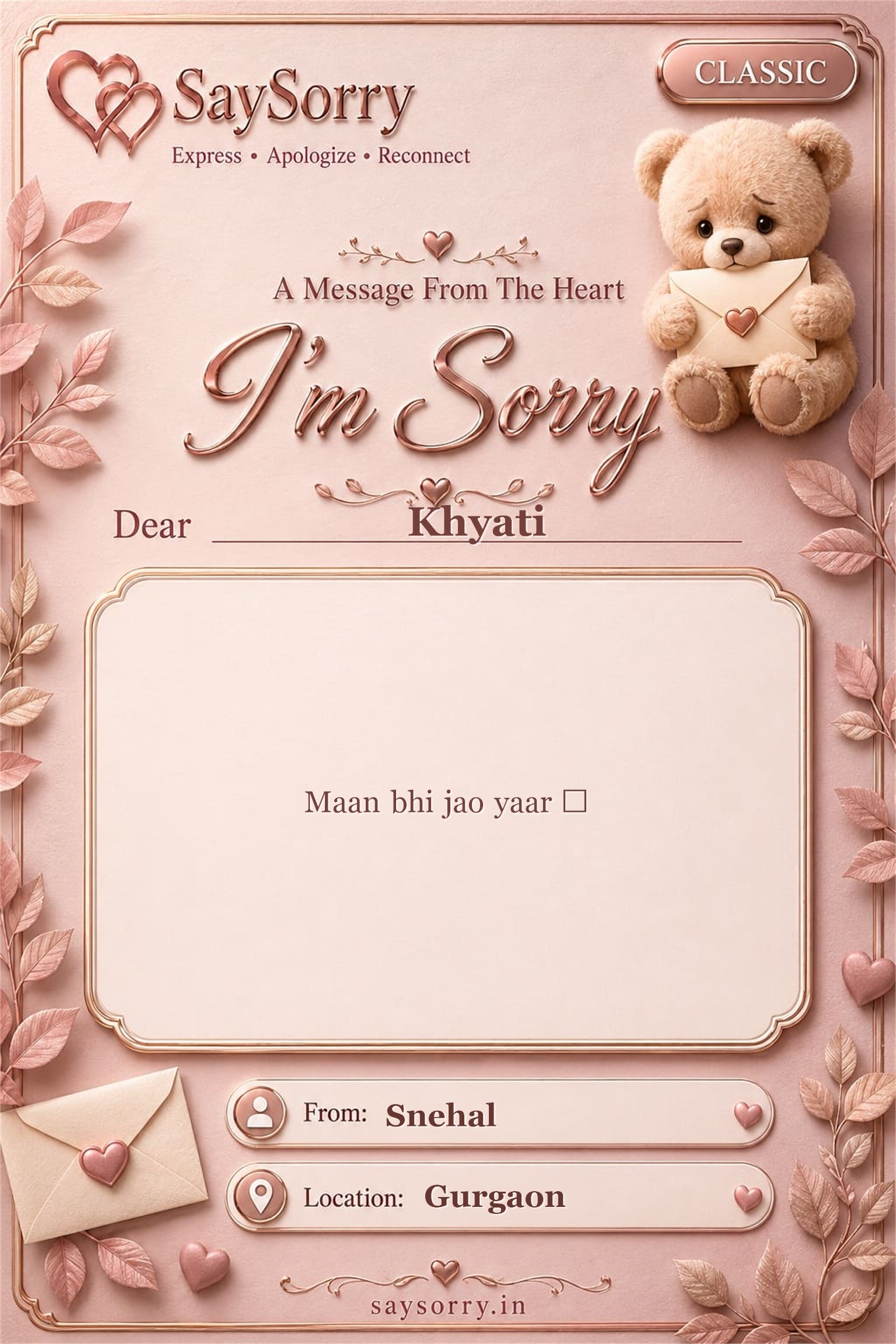 Classic personalised sorry card image for Khyati with a heartfelt apology message
