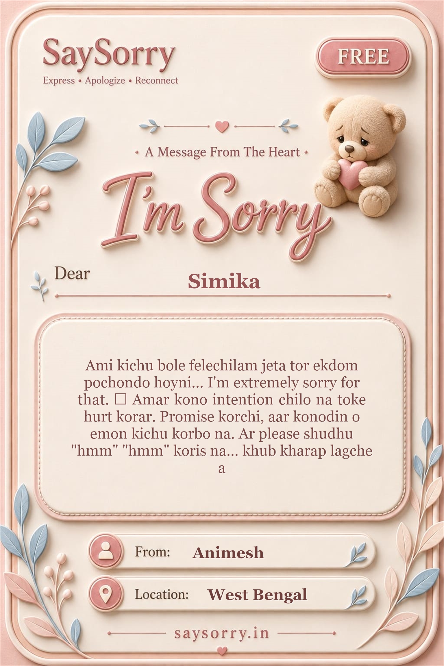 Free personalised sorry card image for Simika with a heartfelt apology message