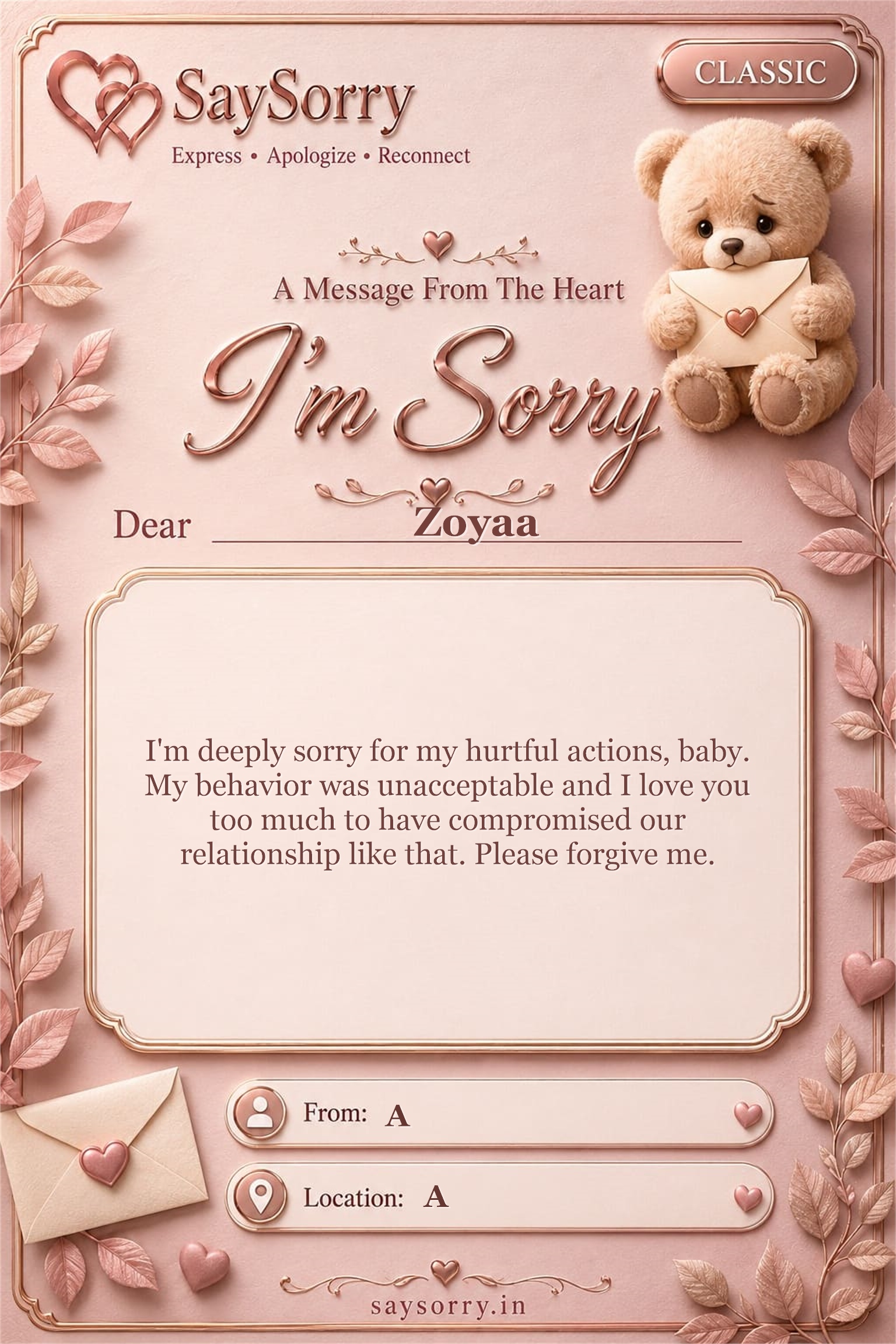 Classic personalised sorry card image for Zoyaa with a heartfelt apology message