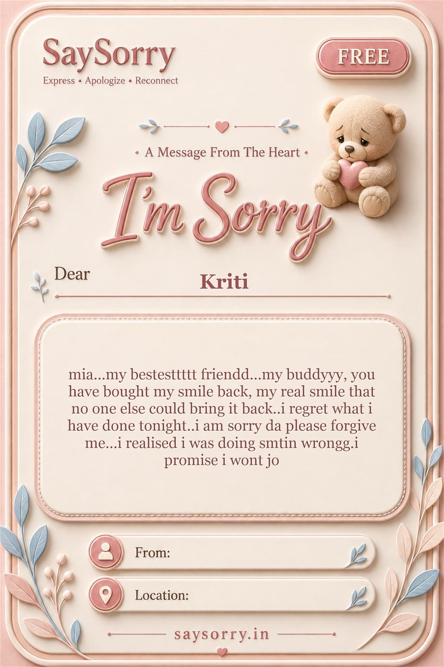 Free personalised sorry card image for Kriti with a heartfelt apology message