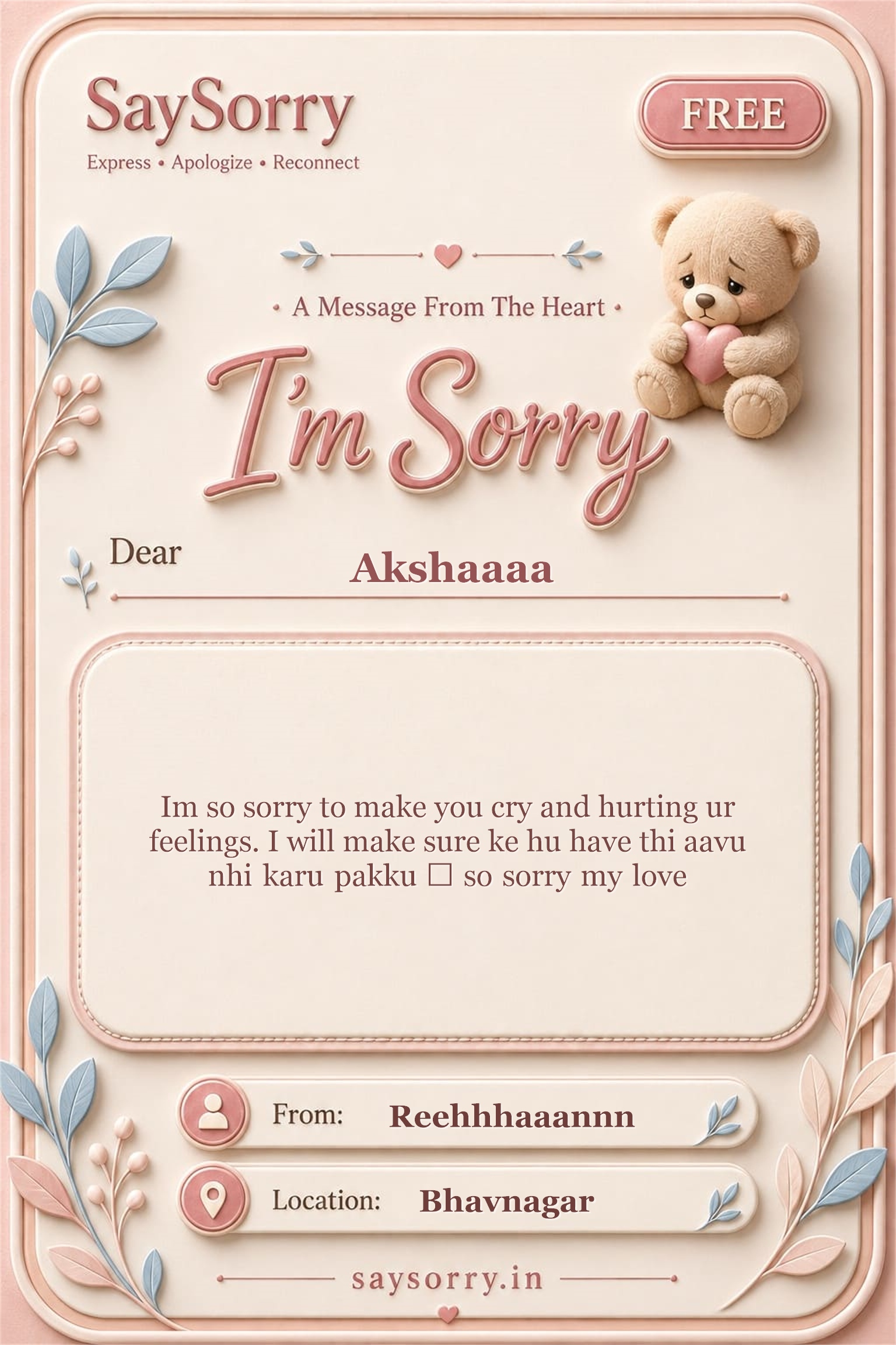 Free personalised sorry card image for Akshaaaa with a heartfelt apology message