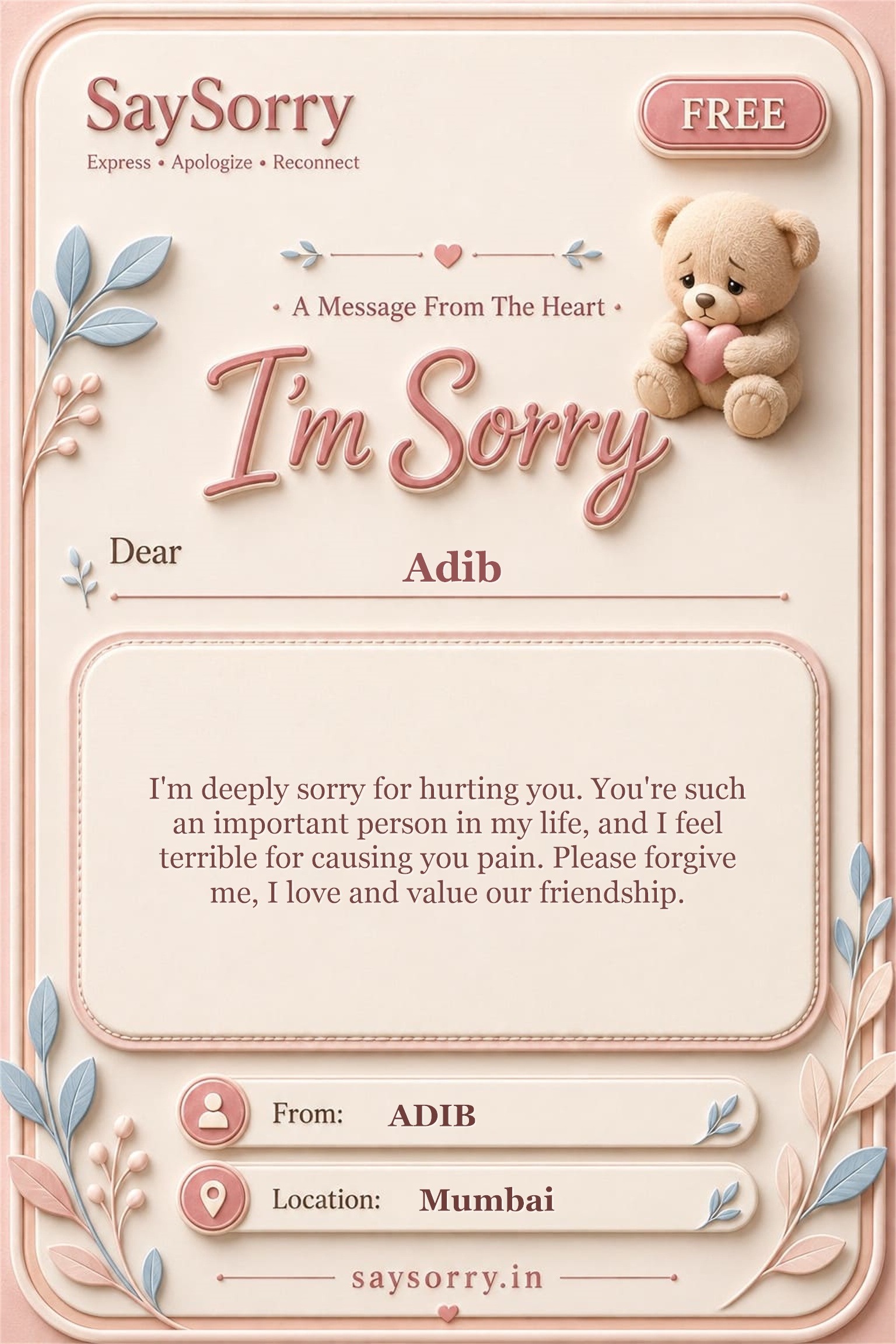 Free personalised sorry card image for Adib with a heartfelt apology message