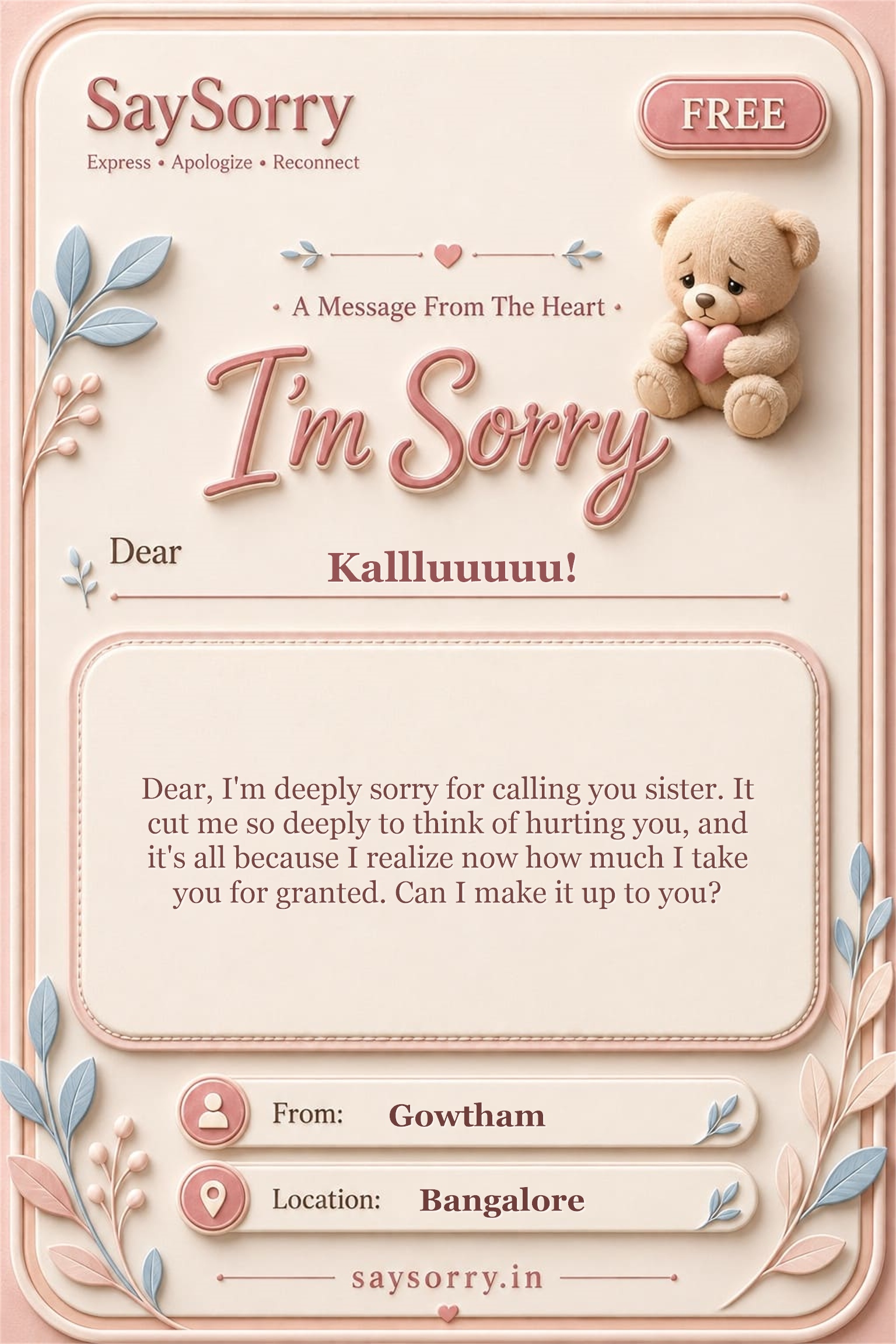Free personalised sorry card image for Kallluuuuu! with a heartfelt apology message