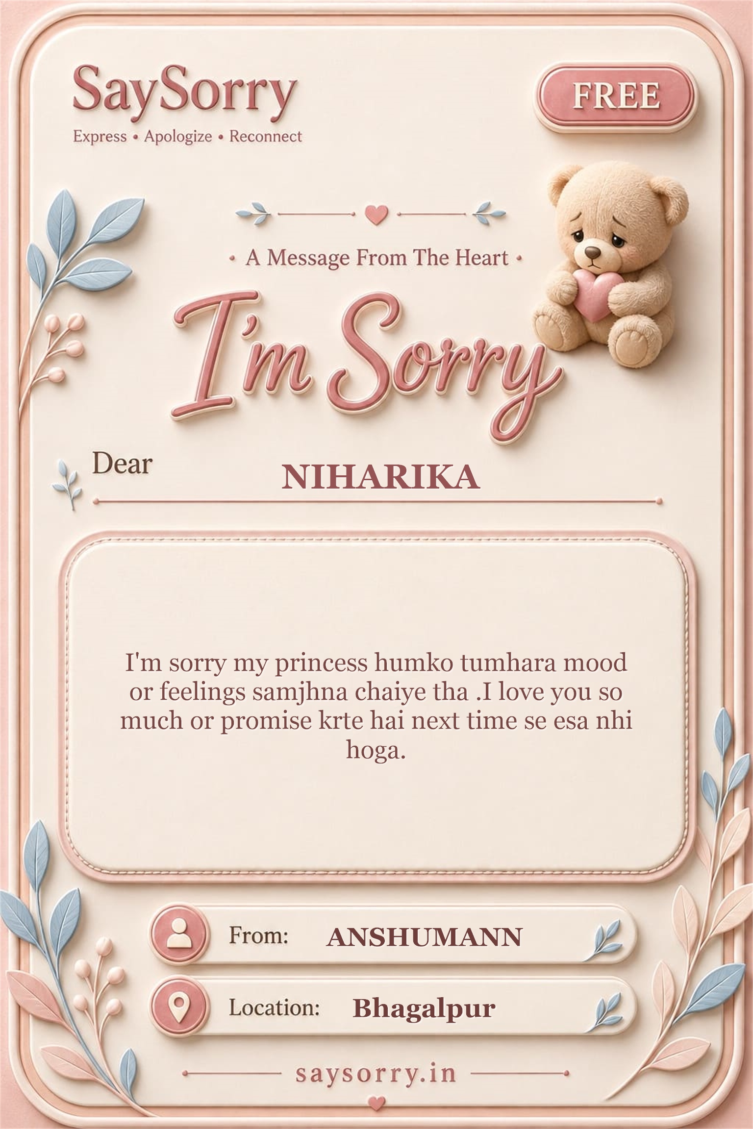 Free personalised sorry card image for NIHARIKA with a heartfelt apology message