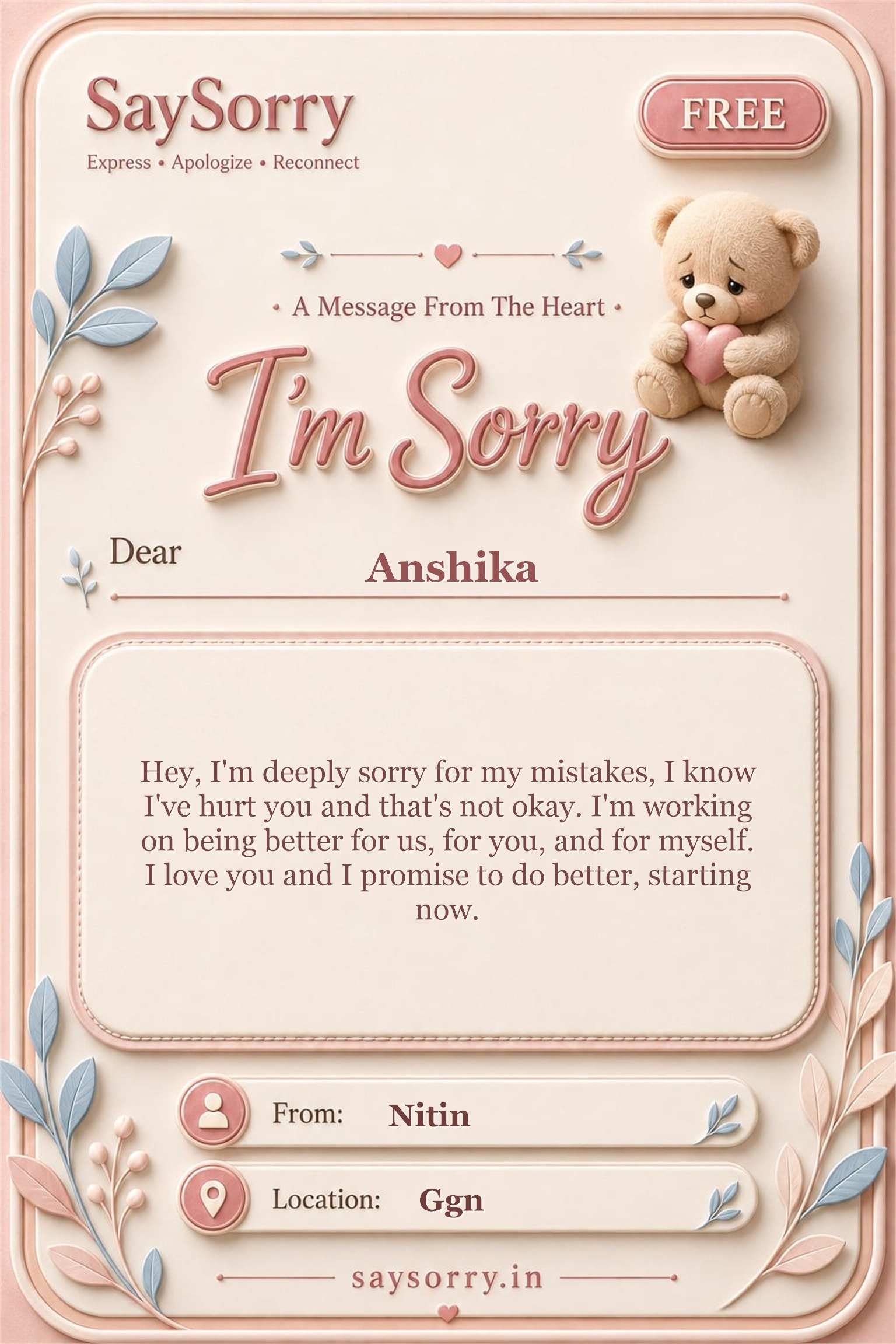 Free personalised sorry card image for Anshika with a heartfelt apology message