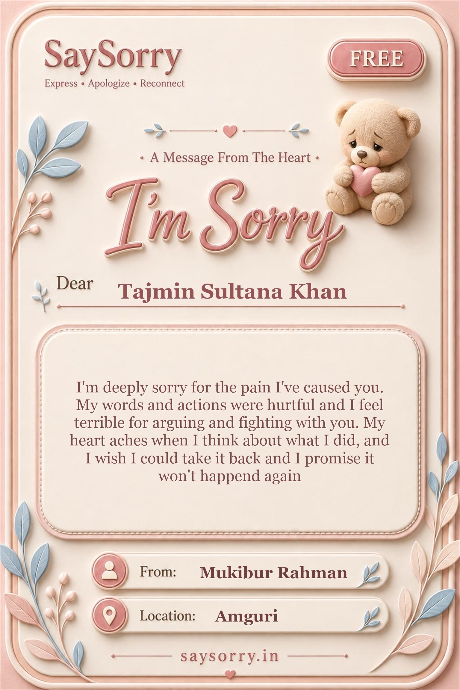 Free personalised sorry card image for Tajmin Sultana Khan with a heartfelt apology message