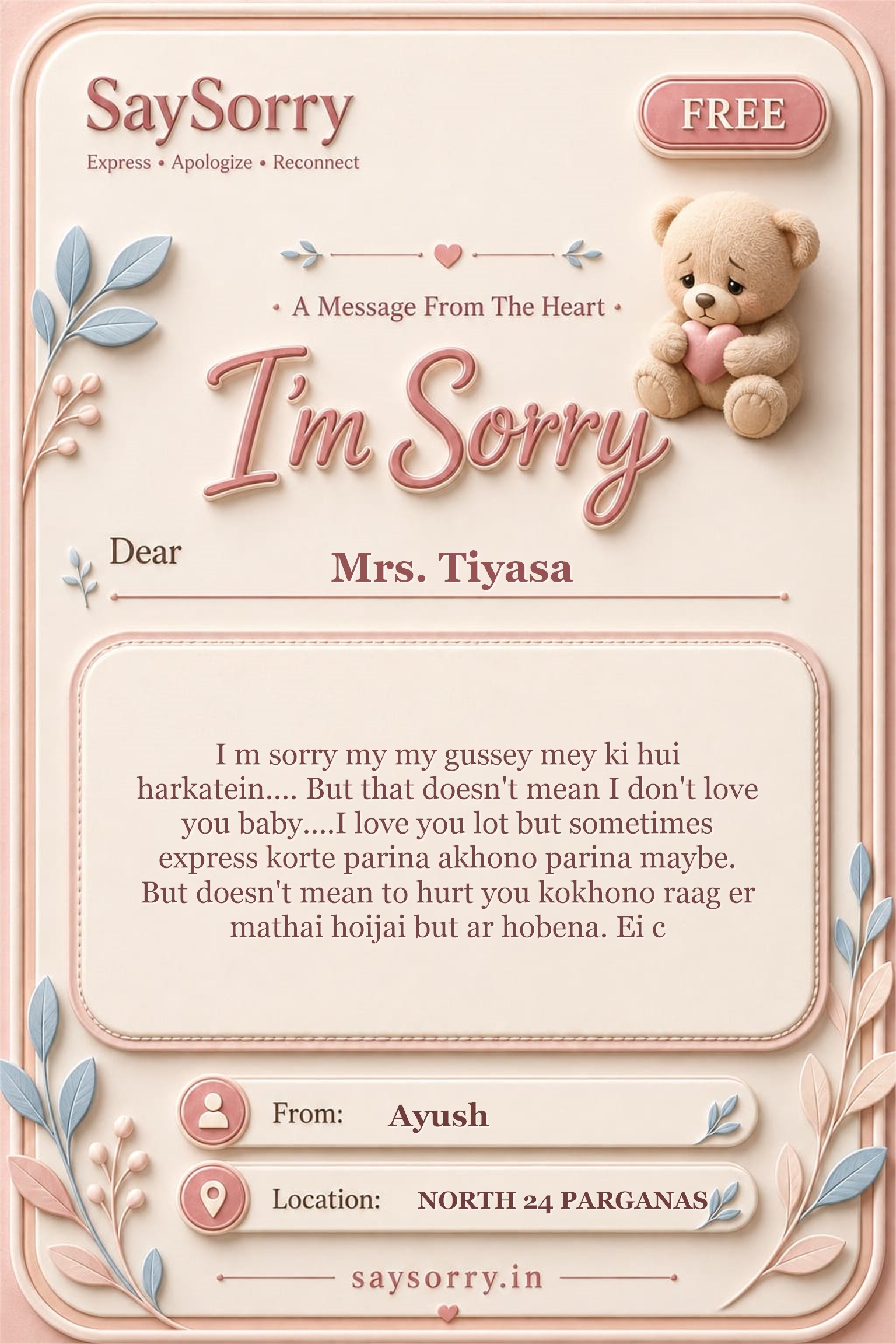 Free personalised sorry card image for Mrs. Tiyasa with a heartfelt apology message