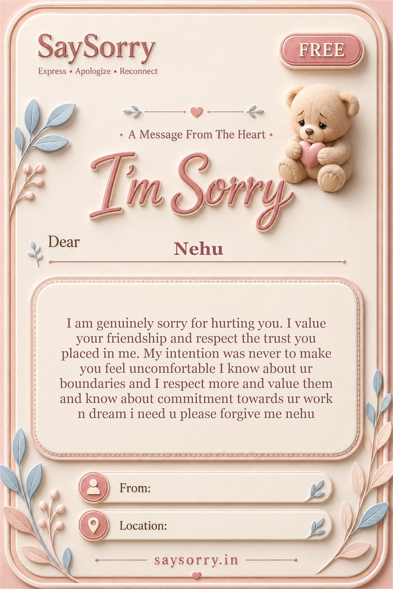 Free personalised sorry card image for Nehu with a heartfelt apology message