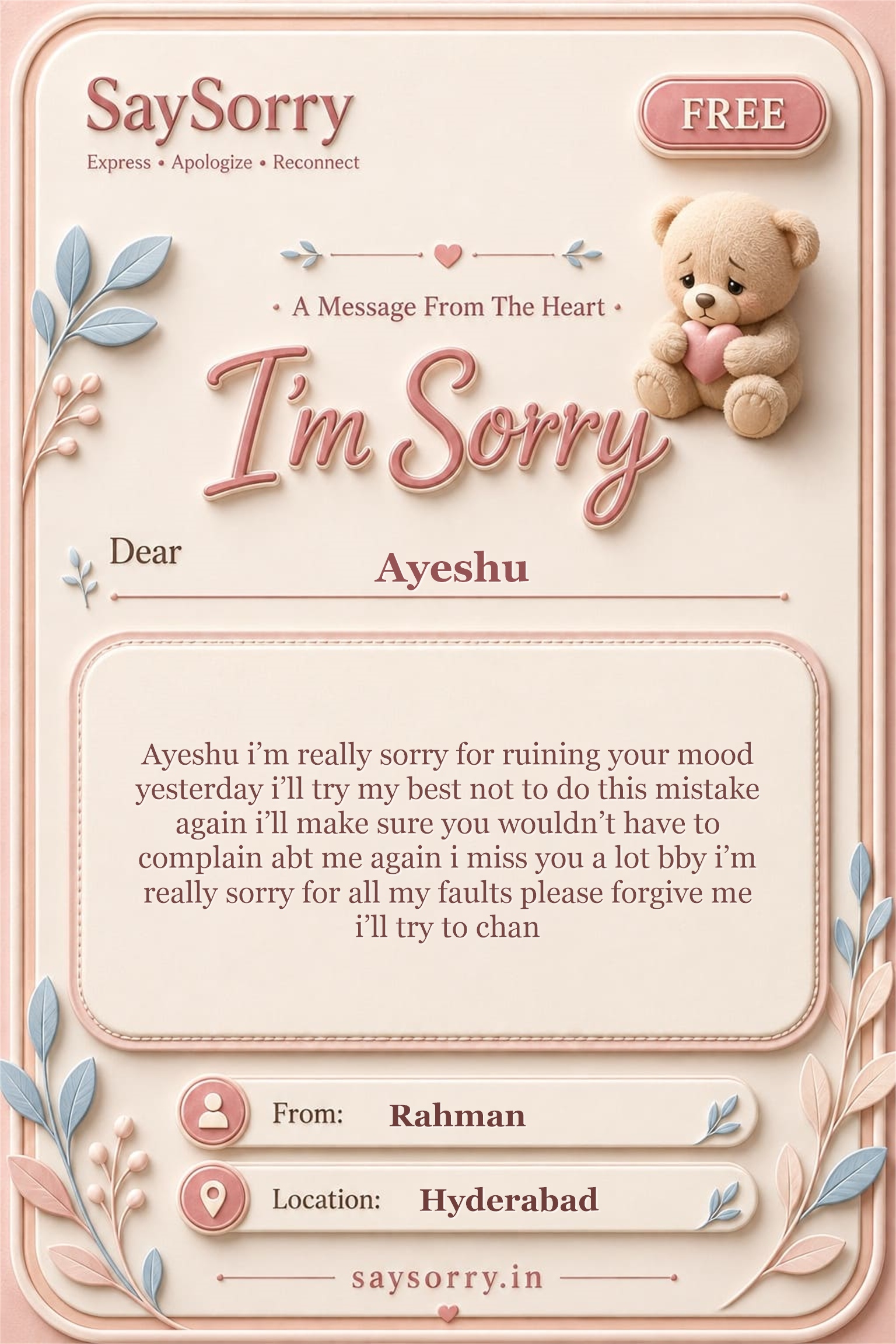 Free personalised sorry card image for Ayeshu with a heartfelt apology message
