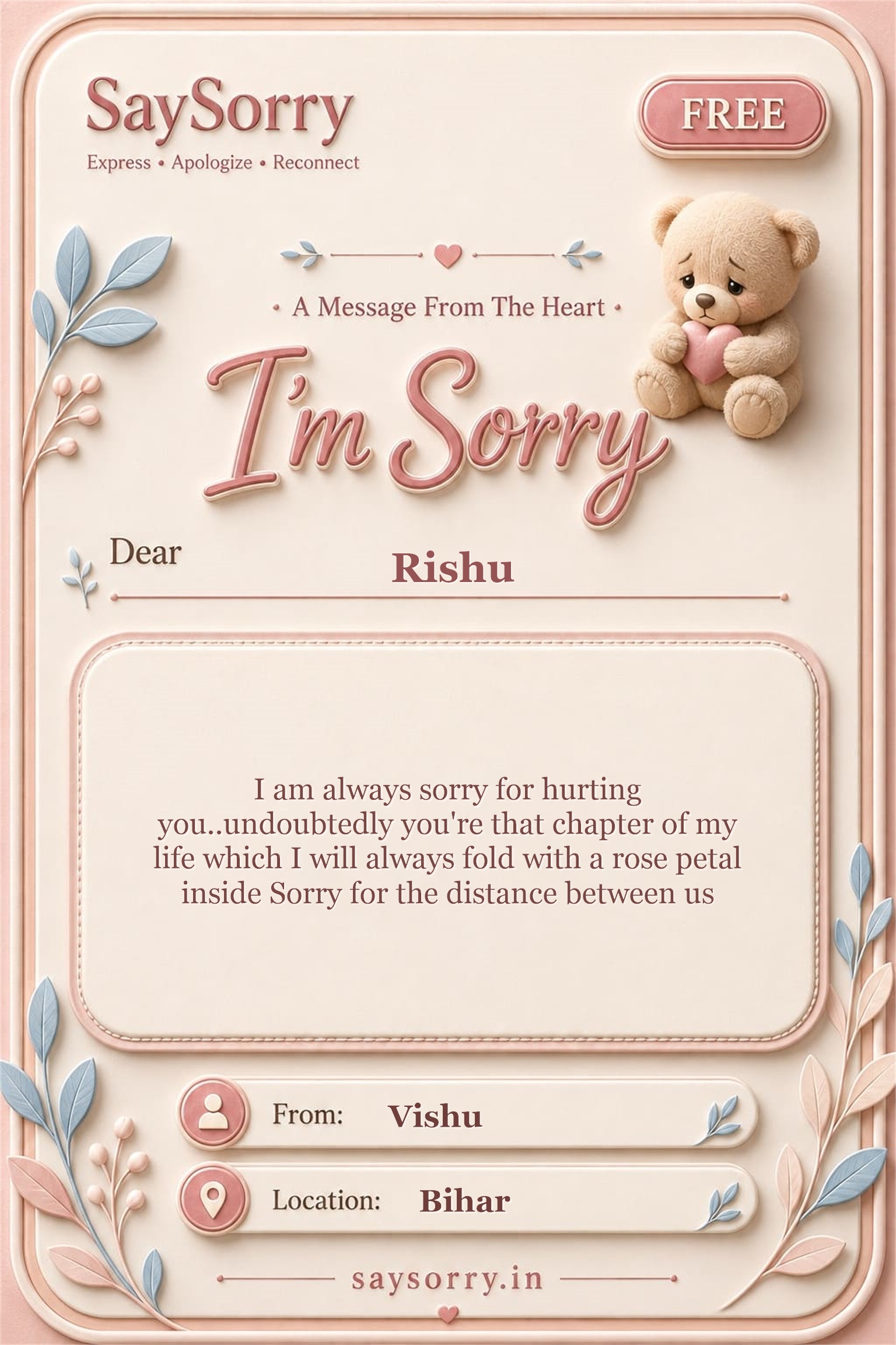 Free personalised sorry card image for Rishu with a heartfelt apology message
