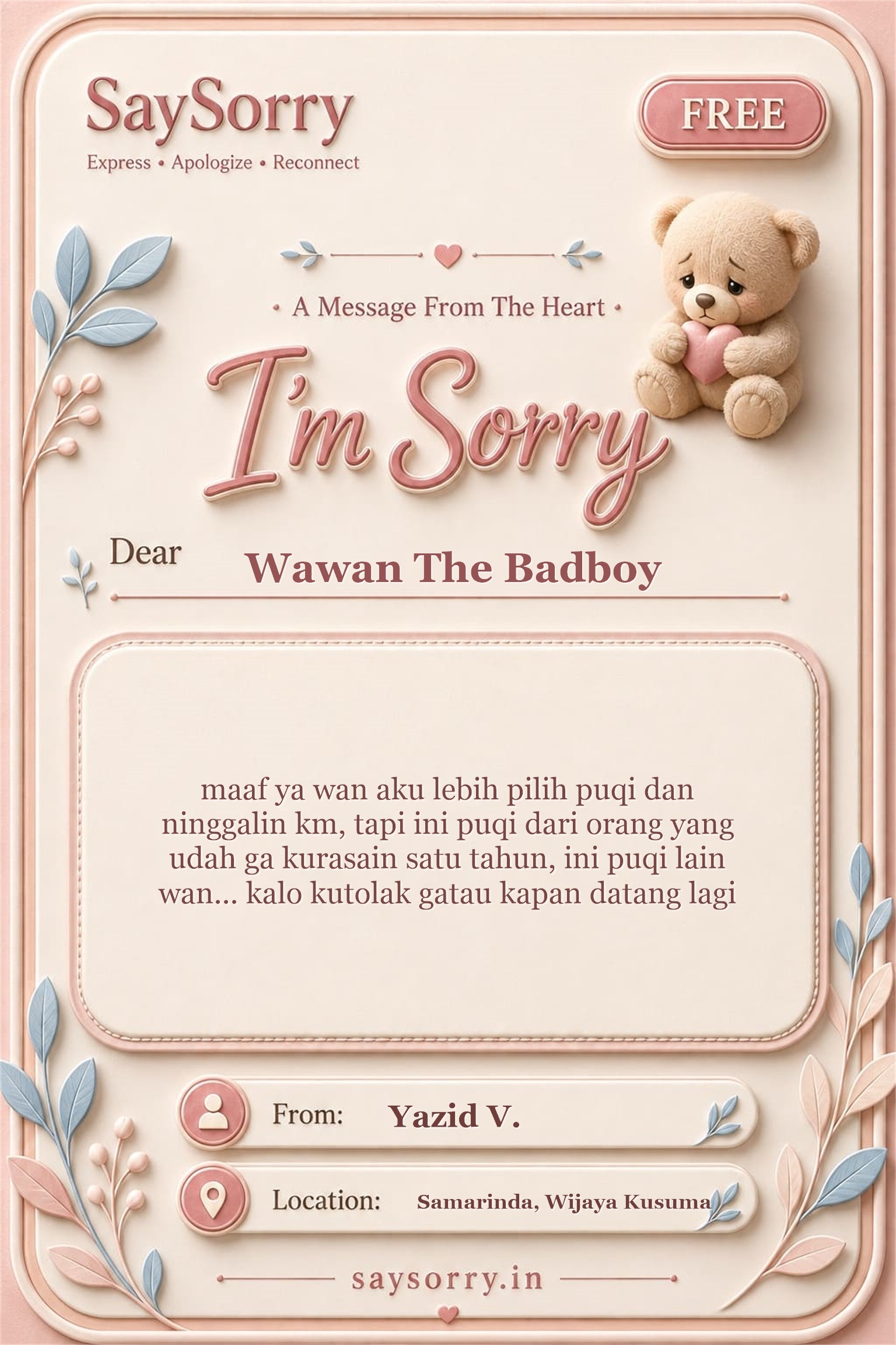 Free personalised sorry card image for Wawan The Badboy with a heartfelt apology message