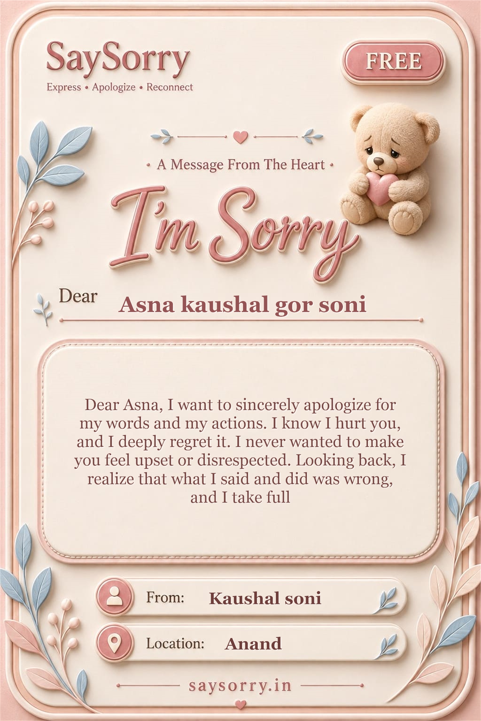 Free personalised sorry card image for Asna kaushal gor soni with a heartfelt apology message