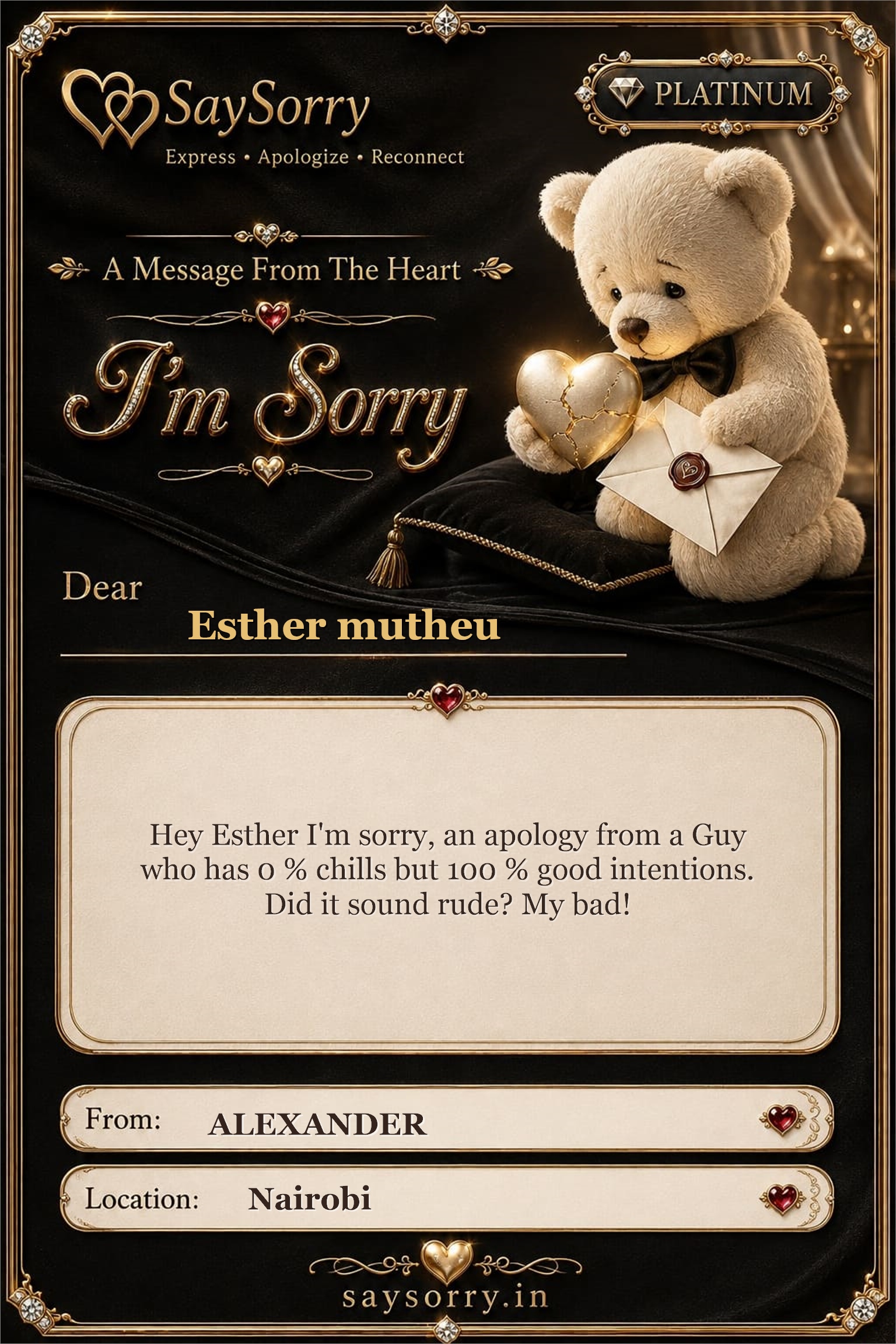 Platinum personalised sorry card image for Esther mutheu with a heartfelt apology message