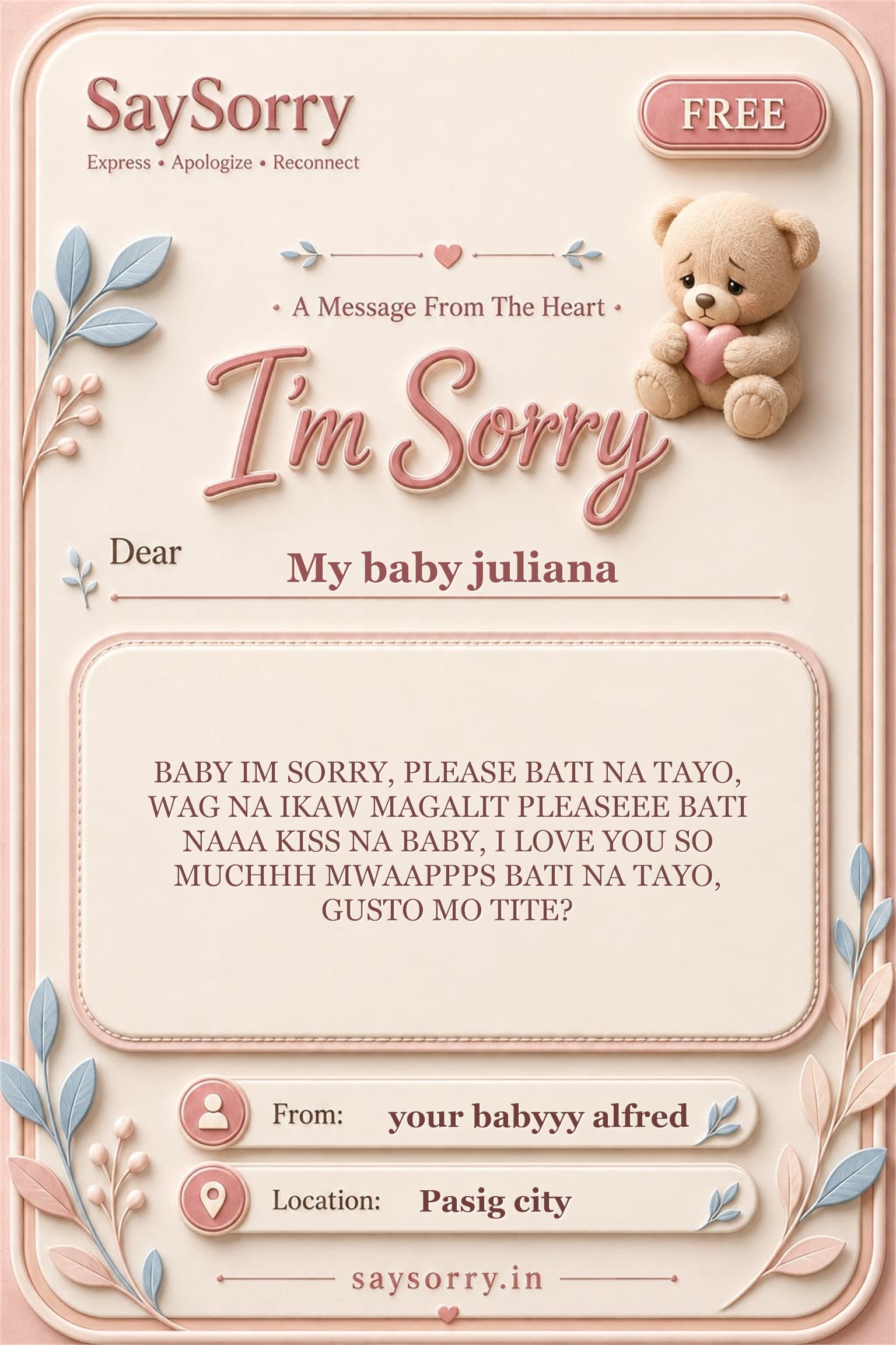 Free personalised sorry card image for My baby juliana with a heartfelt apology message