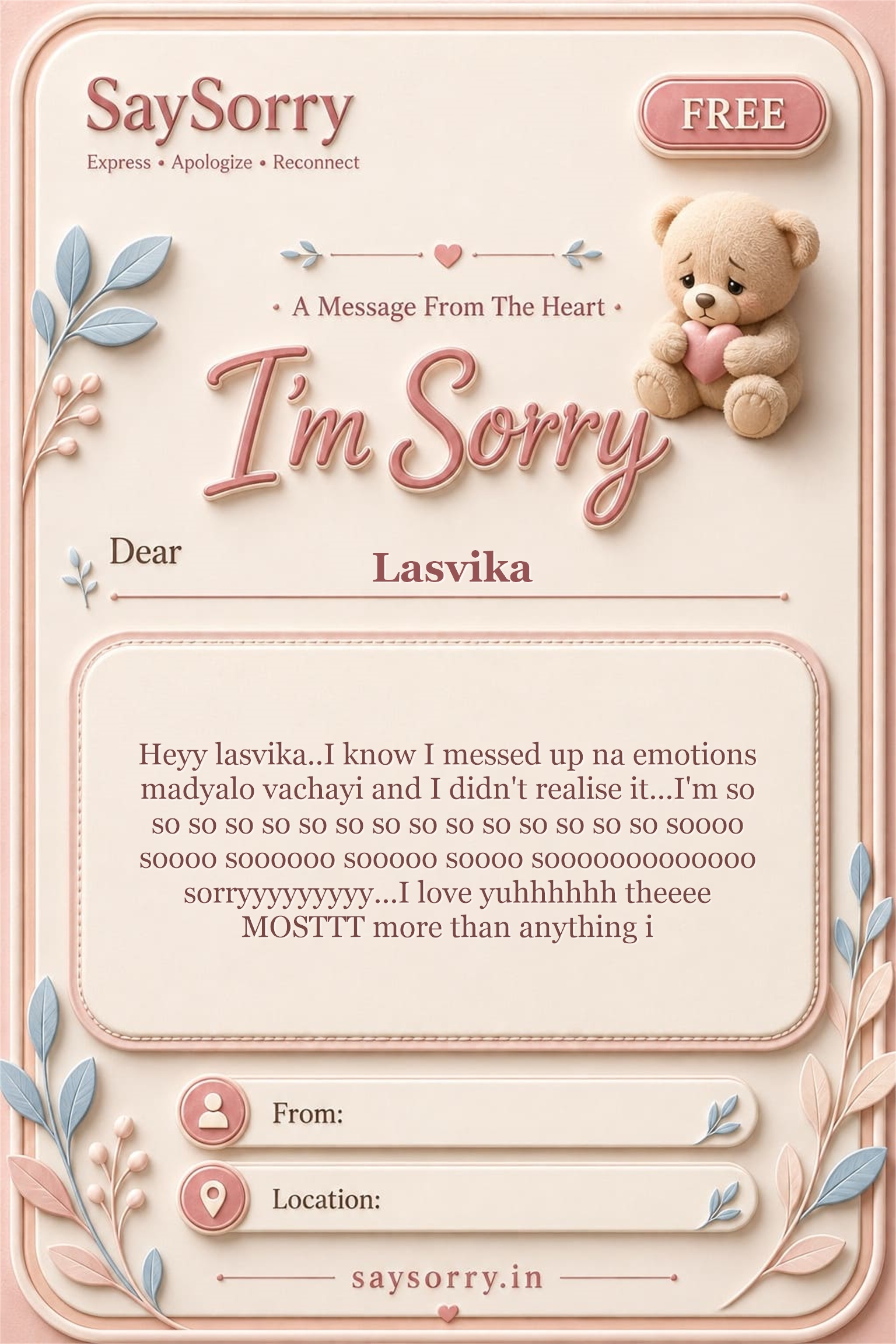 Free personalised sorry card image for Lasvika with a heartfelt apology message