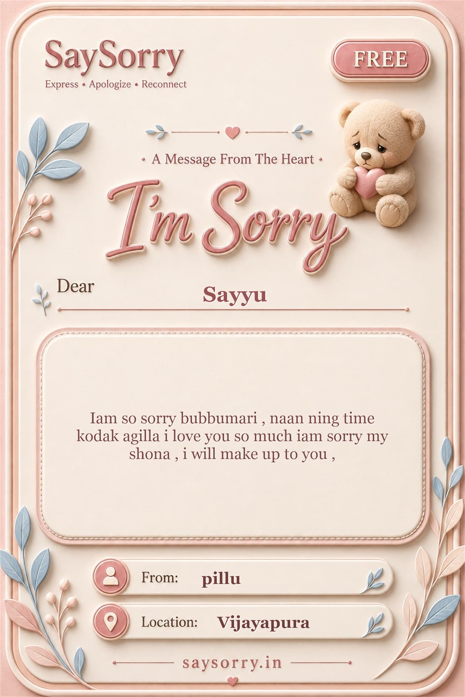 Free personalised sorry card image for Sayyu with a heartfelt apology message