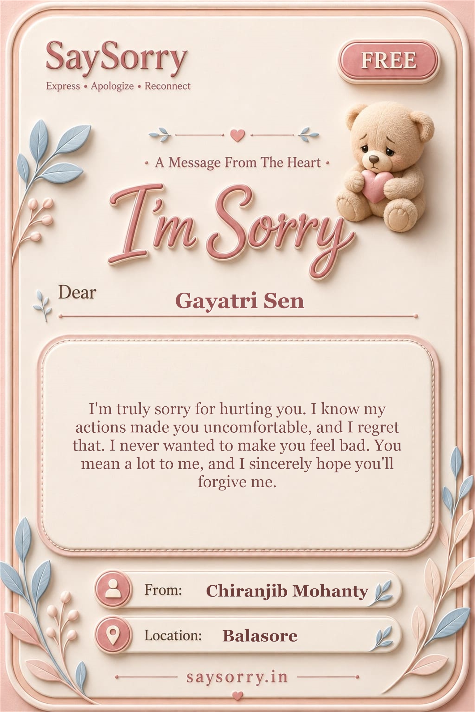 Free personalised sorry card image for Gayatri Sen with a heartfelt apology message