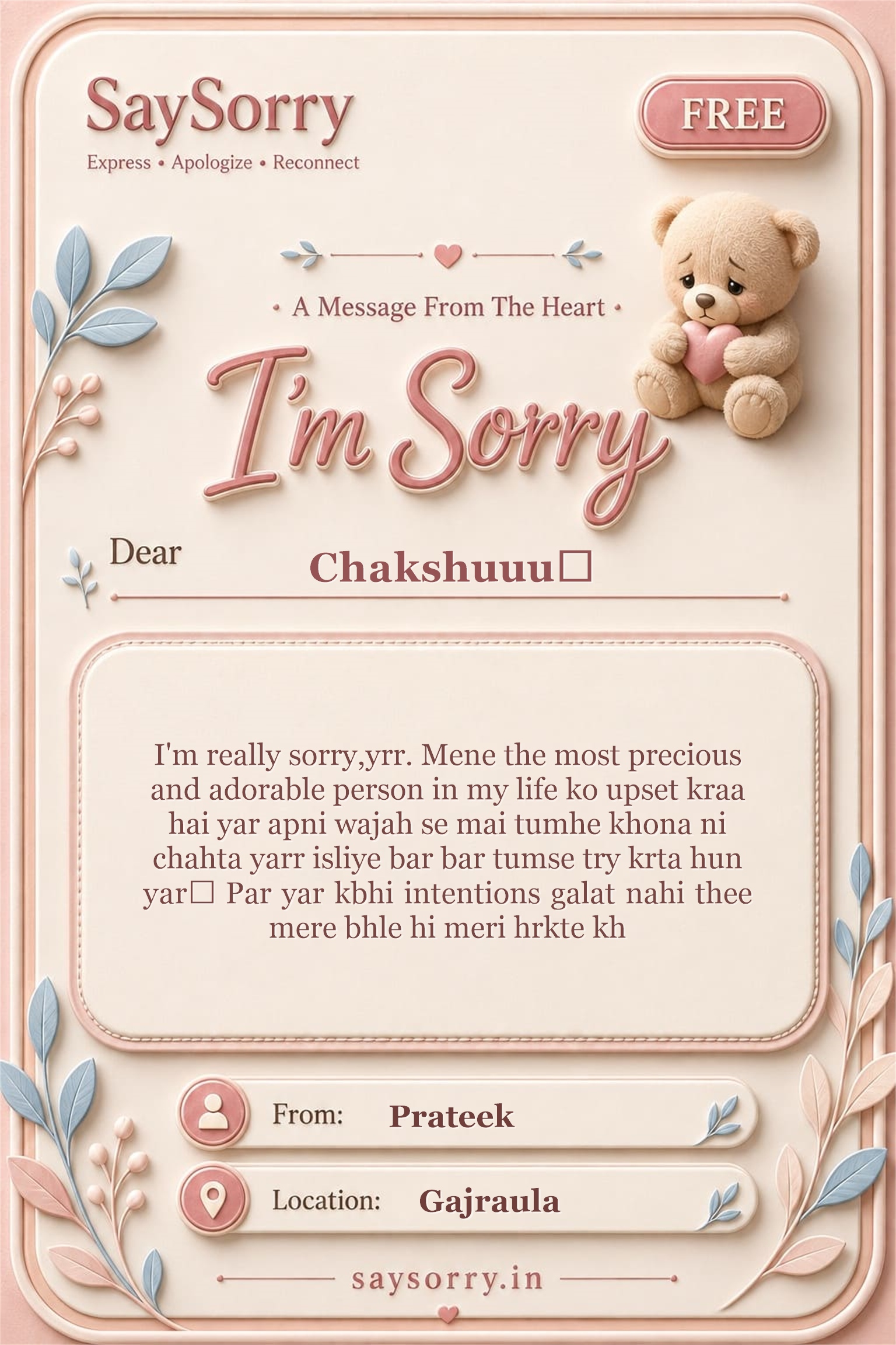 Free personalised sorry card image for Chakshuuu💖 with a heartfelt apology message
