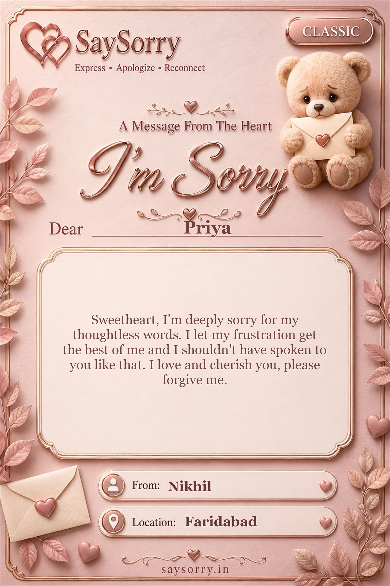 Classic personalised sorry card image for Priya with a heartfelt apology message