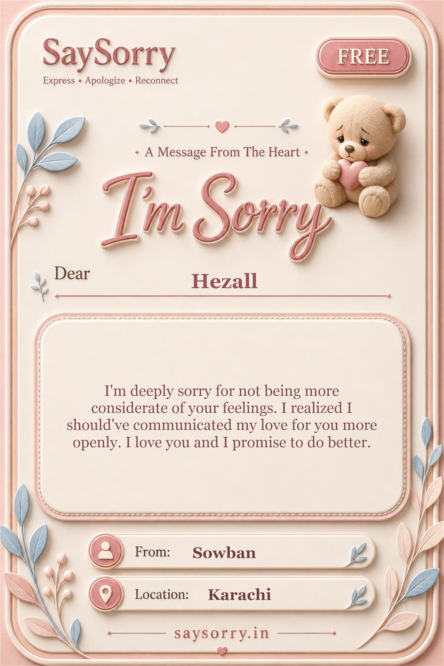 Free personalised sorry card image for Hezall with a heartfelt apology message