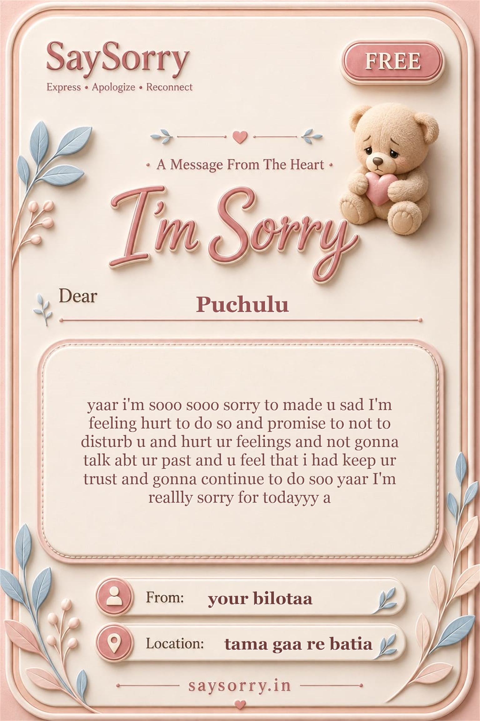 Free personalised sorry card image for Puchulu with a heartfelt apology message